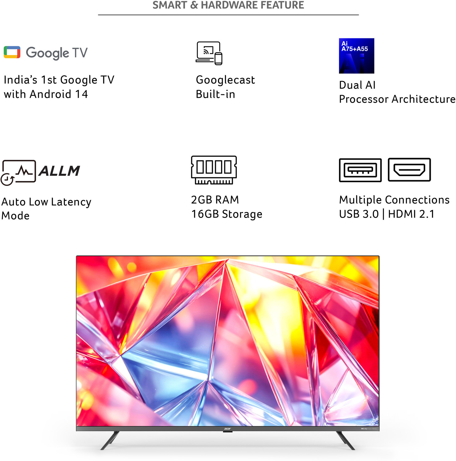 Image of Acer Super Series 138.7 cm (55 inch) QLED Ultra HD (4K) Smart Google TV with Android 14 (Black) | MEMC | ALLM | VRR | AI Picture Optimisation | 80W PRO Speakers | GIGA Bass | Dolby Vision-Atmos