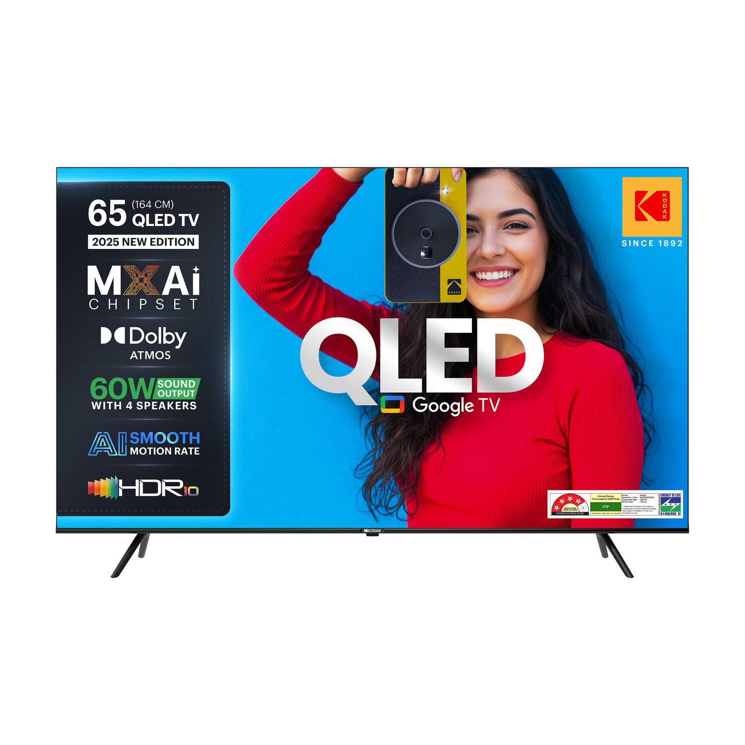 KODAK Matrix 164 cm (65 inch) QLED Ultra HD (4K) Smart Google TV with 60W Sound Output | 4 Speaker | 550 Nits Brightness | HDR 10 with WCG | Dolby Atmos | Dolby Digital Plus | AI PQ Chipset | AI Smooth Motion | Google Assistant | Bezel Less Design