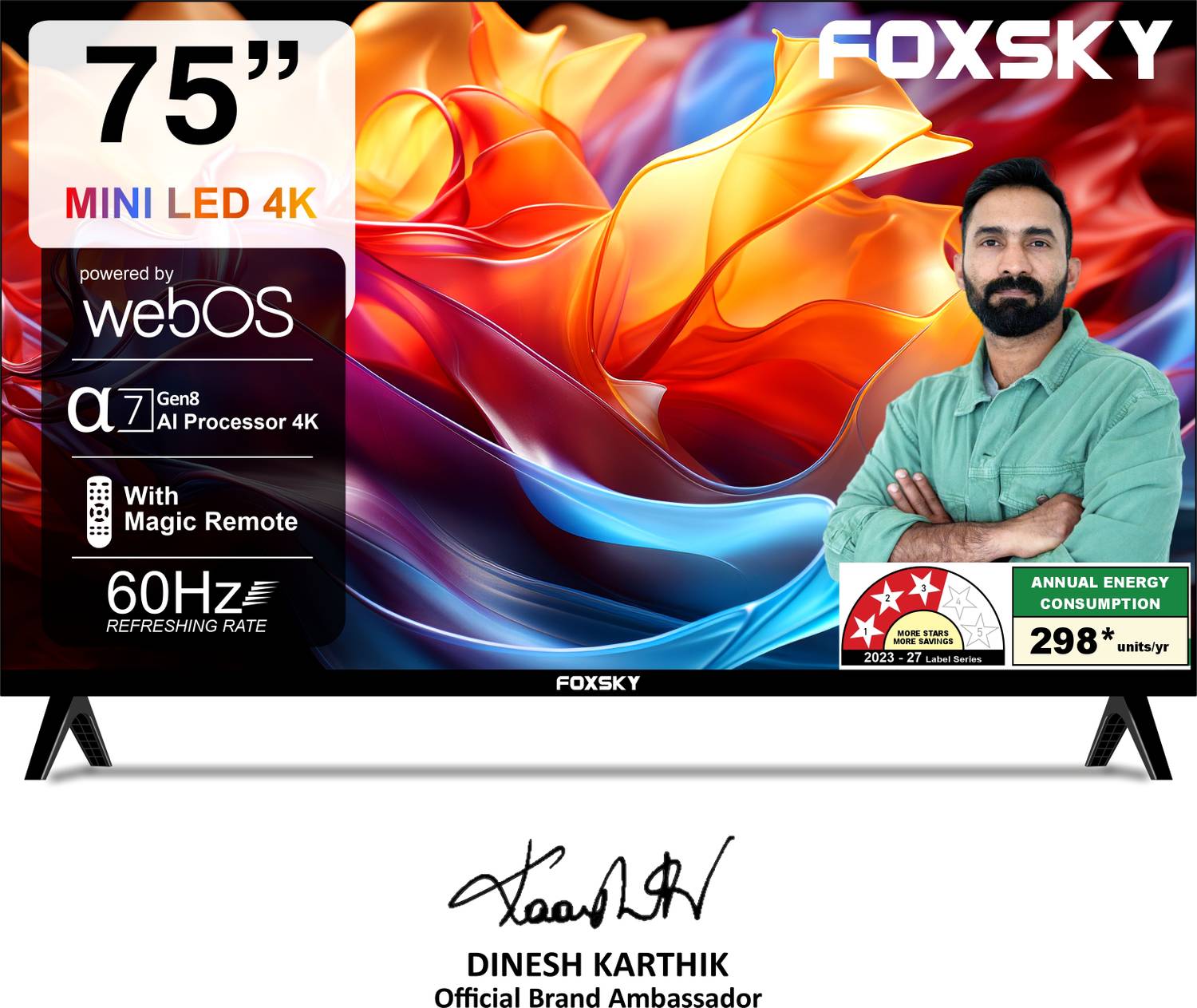 Foxsky 190.5 cm (75 inch) Ultra HD (4K) Mini LED Smart WebOS TV 2026 Edition with 2.1CH Audio System Tuned by 40W, Native 60Hz Refresh Rate