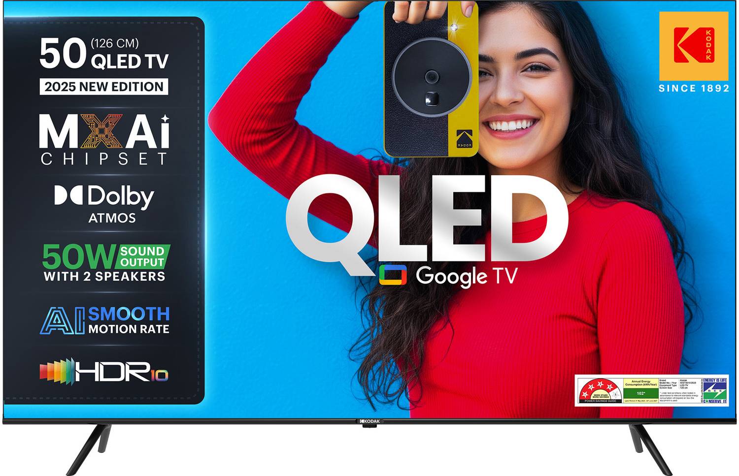 KODAK Matrix 126 cm (50 inch) QLED Ultra HD (4K) Smart Google TV with | 50W Sound Output | 2 Speaker | 550 Nits Brightness | HDR 10 with WCG | Dolby Atmos | Dolby Digital Plus | AI PQ Chipset | AI Smooth Motion | Google Assistant | Bezel Less Design