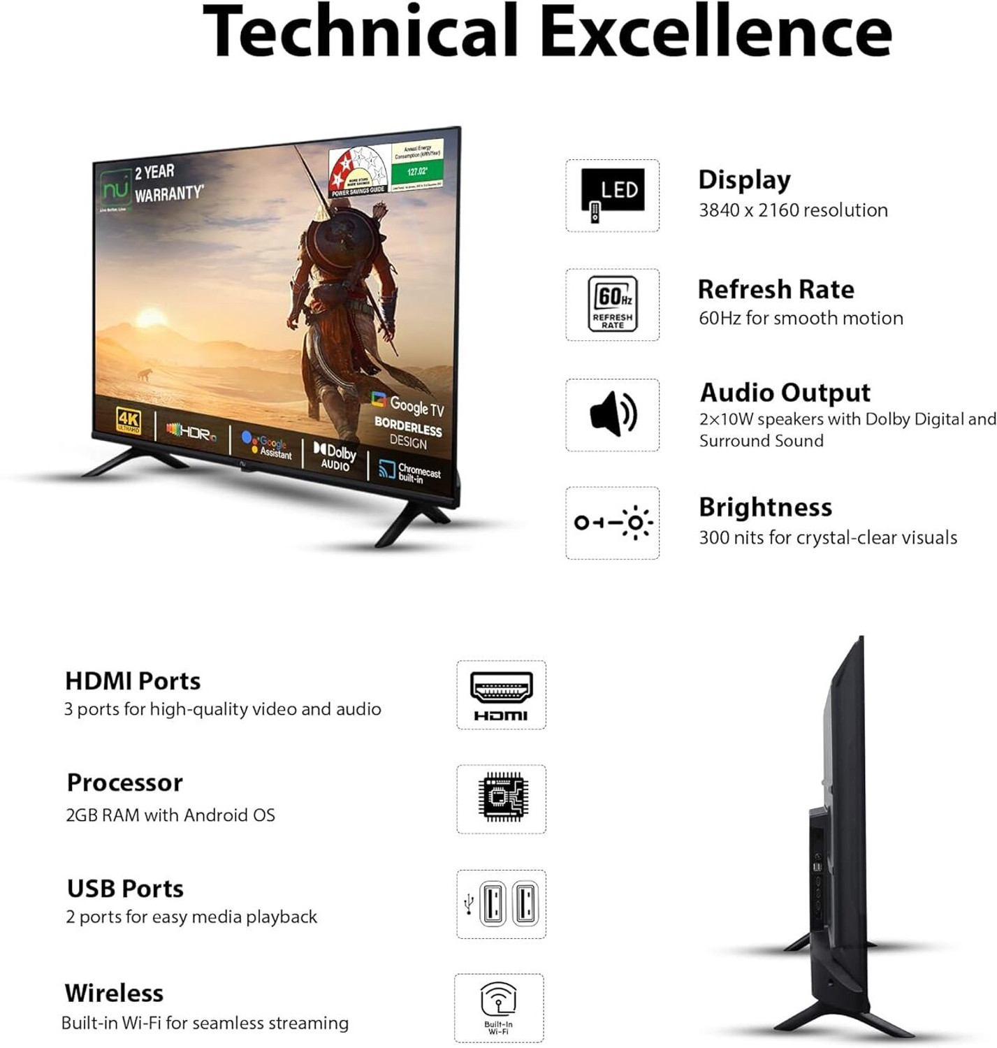 Image of NU 139.7 cm (55 inch) Ultra HD (4K) LED Smart Google TV with Mount