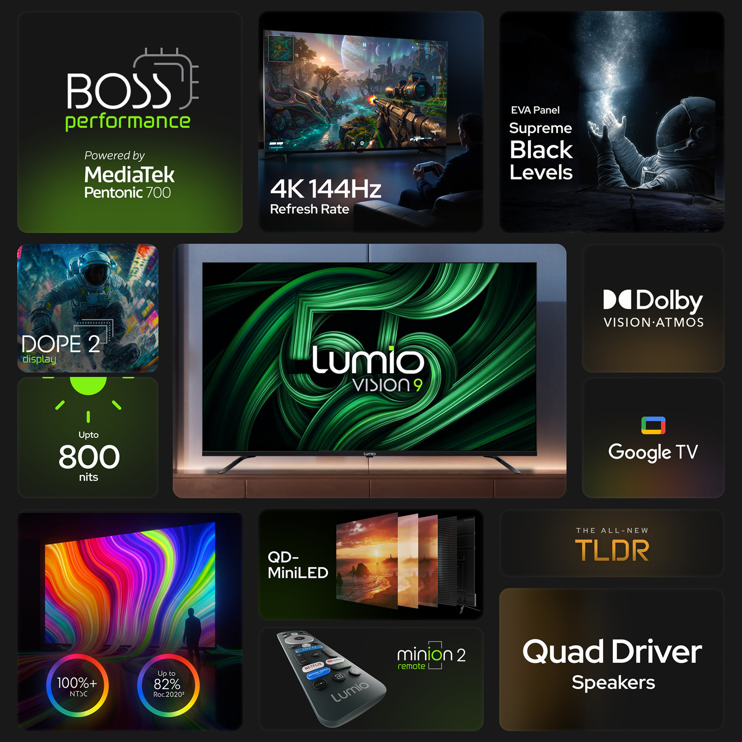 Image of Lumio Vision 9 139 cm (55 inch) Ultra HD (4K) Mini LED Smart Google TV 2026 Edition with 4K 144Hz 1080p 240Hz HDR Dolby Vision + Atmos and 800 Nits Peak Brightness Over 100% Colour India's Fastest Smart TV* with 3GB RAM