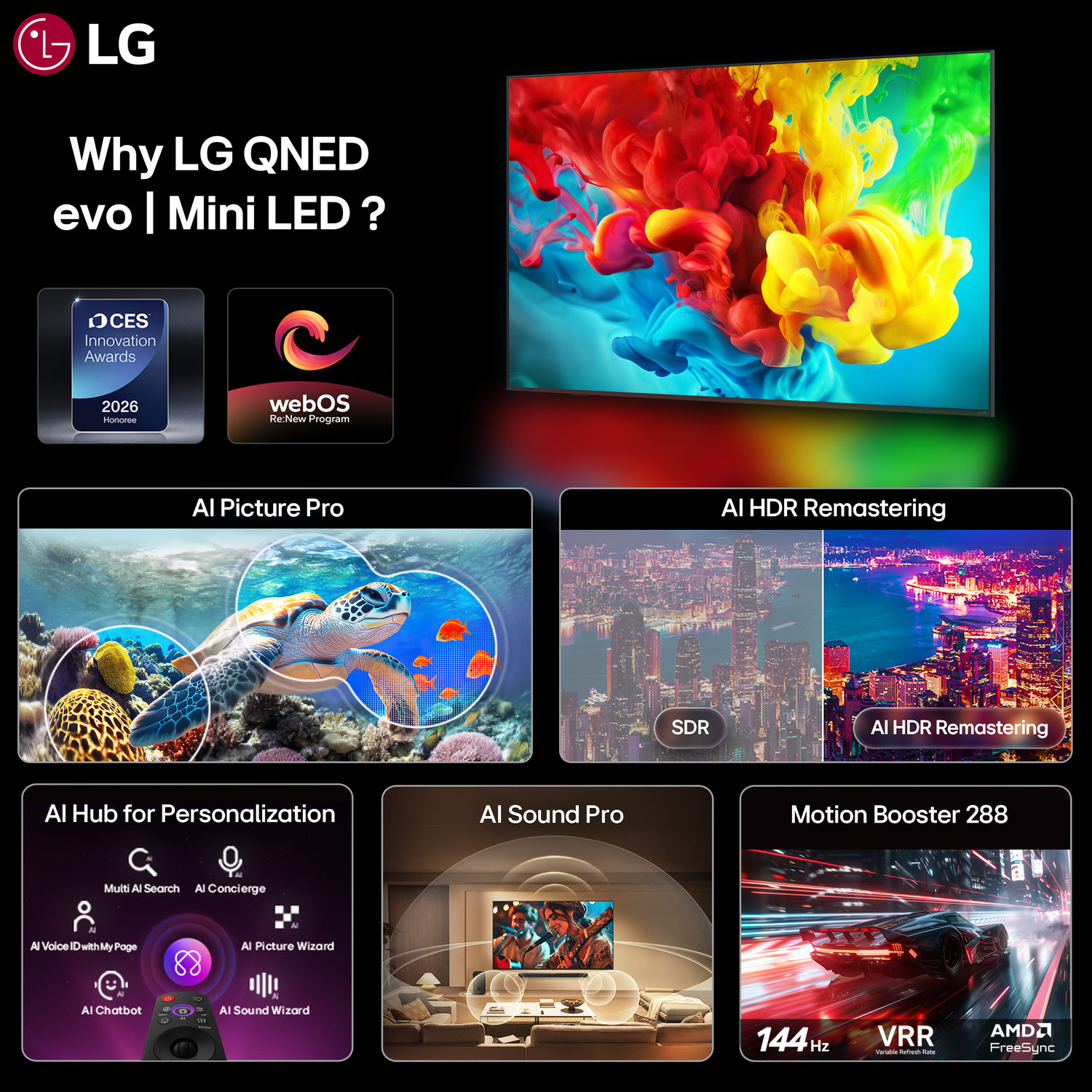 Image of LG AI QNED evo 82 139 cm (55 inch) Ultra HD (4K) Mini LED Smart WebOS TV 2026 Edition with Dynamic QNED Color Pro, Mini LED with Precision HDR Master Pro, Alpha8 AI Processor 4K Gen3, Dolby Vision & Dolby Atmos, AI Picture Pro & AI Sound Pro AI Magic Remote, Multi AI (Google Gemini & MS Copilot), 144hz VRR, Motion Booster 288, AMD FreeSync Premium, 5 Years OS upgrade, Secured by LG Shield, LG Channels