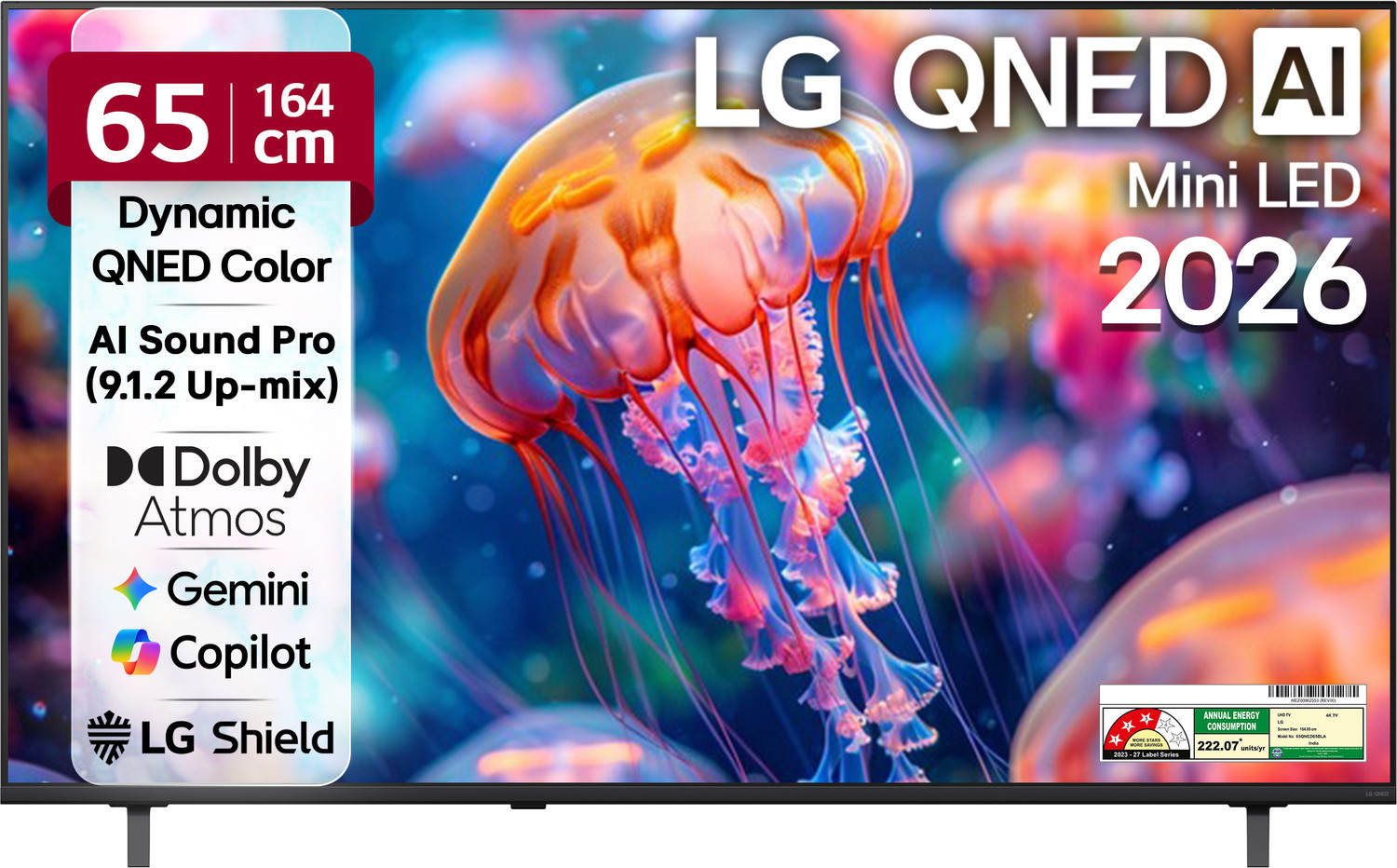 Image of LG AI QNED65 164 cm (65 inch) Ultra HD (4K) Mini LED Smart WebOS TV 2026 Edition with Dynamic QNED Color, Alpha7 AI Processor 4K Gen8, HDR10 Pro, Dolby Atmos, AI Sound Pro (9.1.2 ch), Multi AI (Google Gemini & MS Copilot), Linear Flow Design, 60Hz VRR, 5 Years OS upgrade, Secured by LG Shield, LG Channels