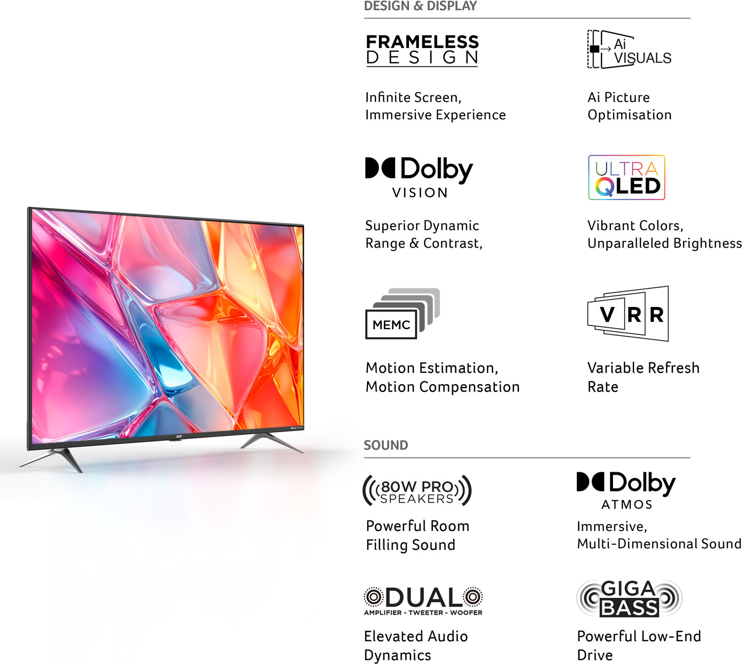 Image of Acer Super Series 108 cm (43 inch) QLED Ultra HD (4K) Smart Google TV with Android 14 (Black) | MEMC | ALLM | VRR | AI Picture Optimisation | 80W PRO Speakers | GIGA Bass | Dolby Vision-Atmos