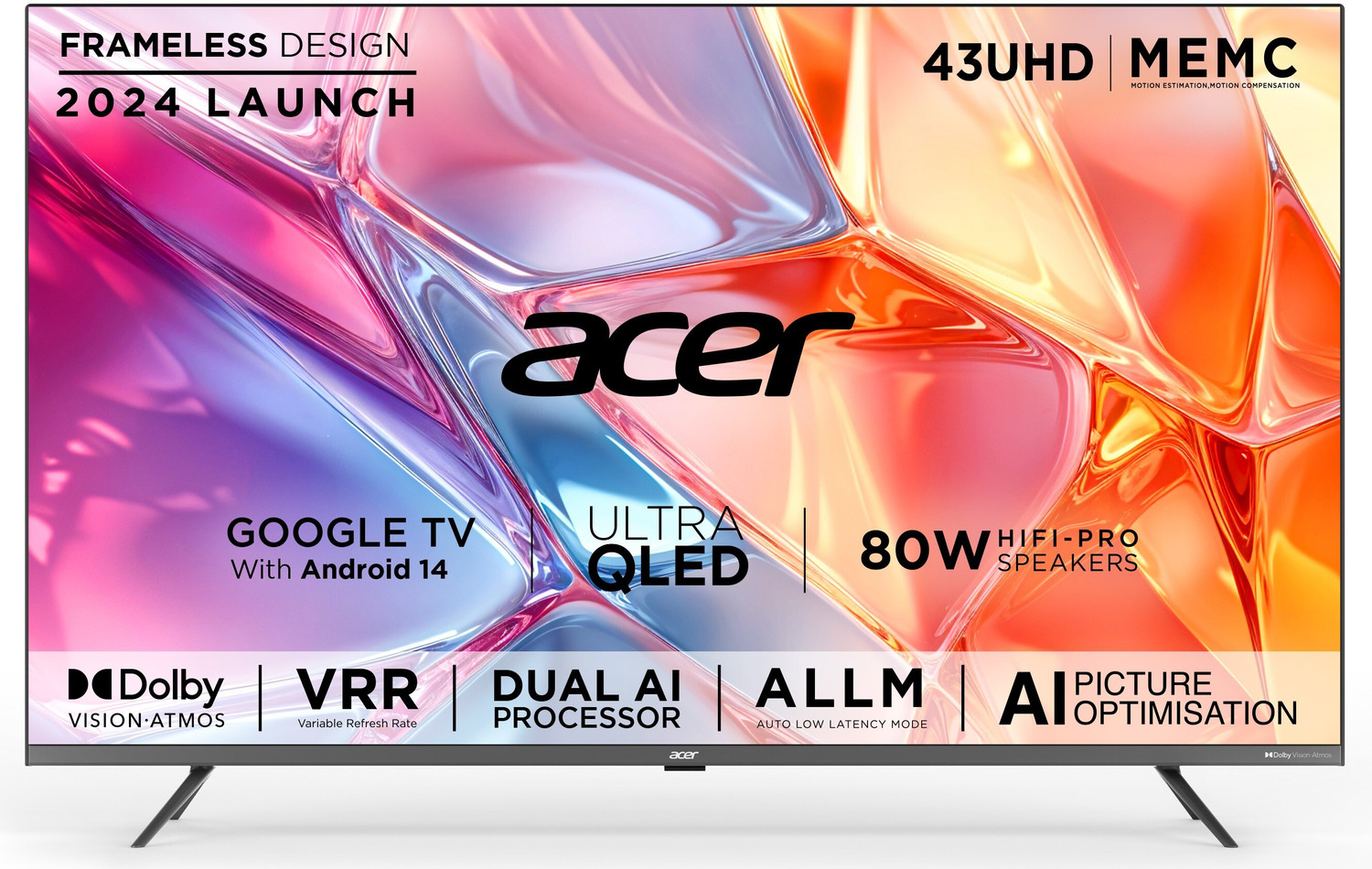 Image of Acer Super Series 108 cm (43 inch) QLED Ultra HD (4K) Smart Google TV with Android 14 (Black) | MEMC | ALLM | VRR | AI Picture Optimisation | 80W PRO Speakers | GIGA Bass | Dolby Vision-Atmos
