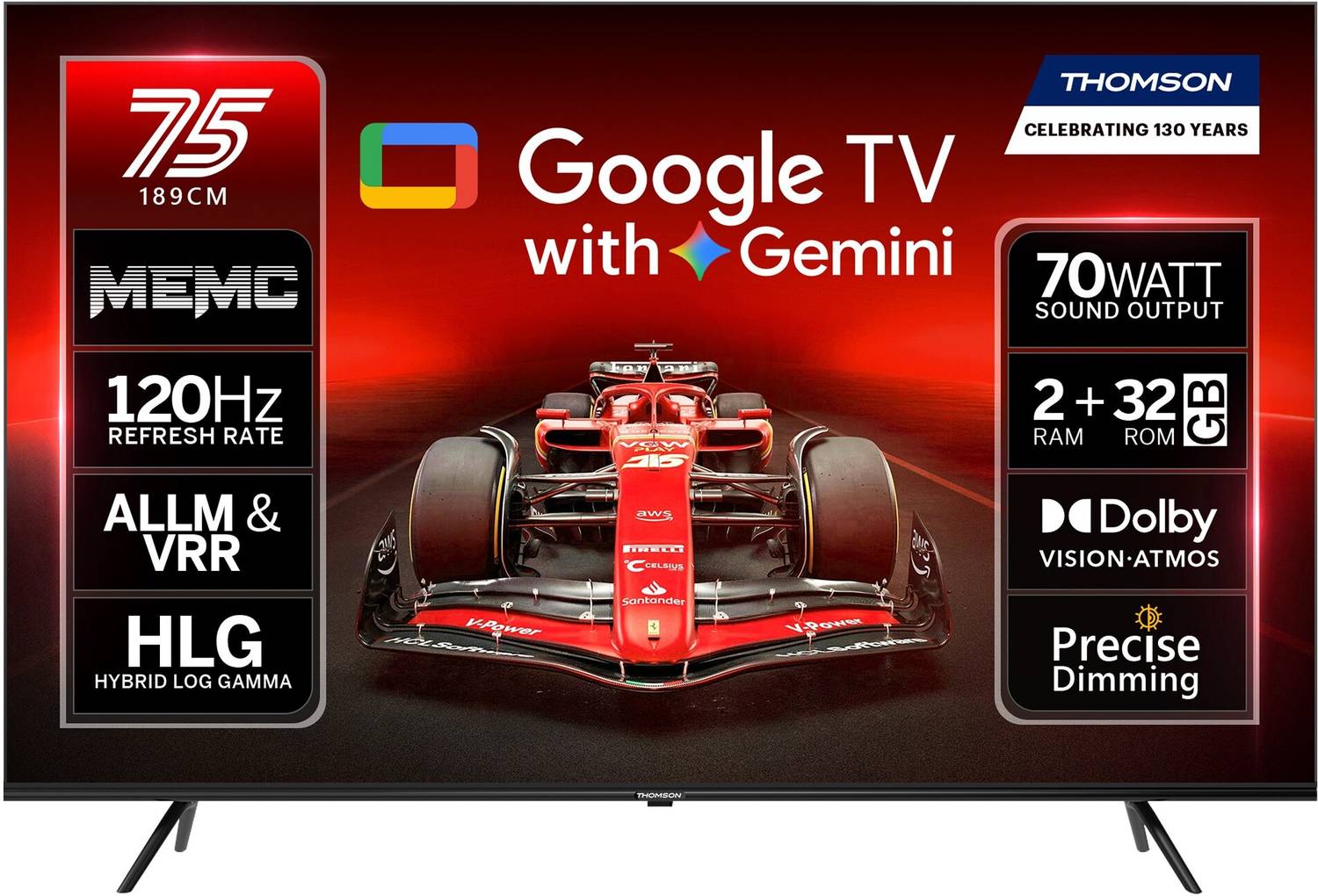Thomson NeoX 189 cm (75 inch) QLED Ultra HD (4K) Smart Google TV with Gemini , MEMC Dolby Vision - Atmos 70W Sound Output powered by Blaupunkt 4 Speaker 32 GB Storage 550 Nits Brightness Precise Dimming HDR10+ 120 Hz Refresh Rate HLG ALLM & VRR Eyecare Technology Google Assistant Bezel Less Design