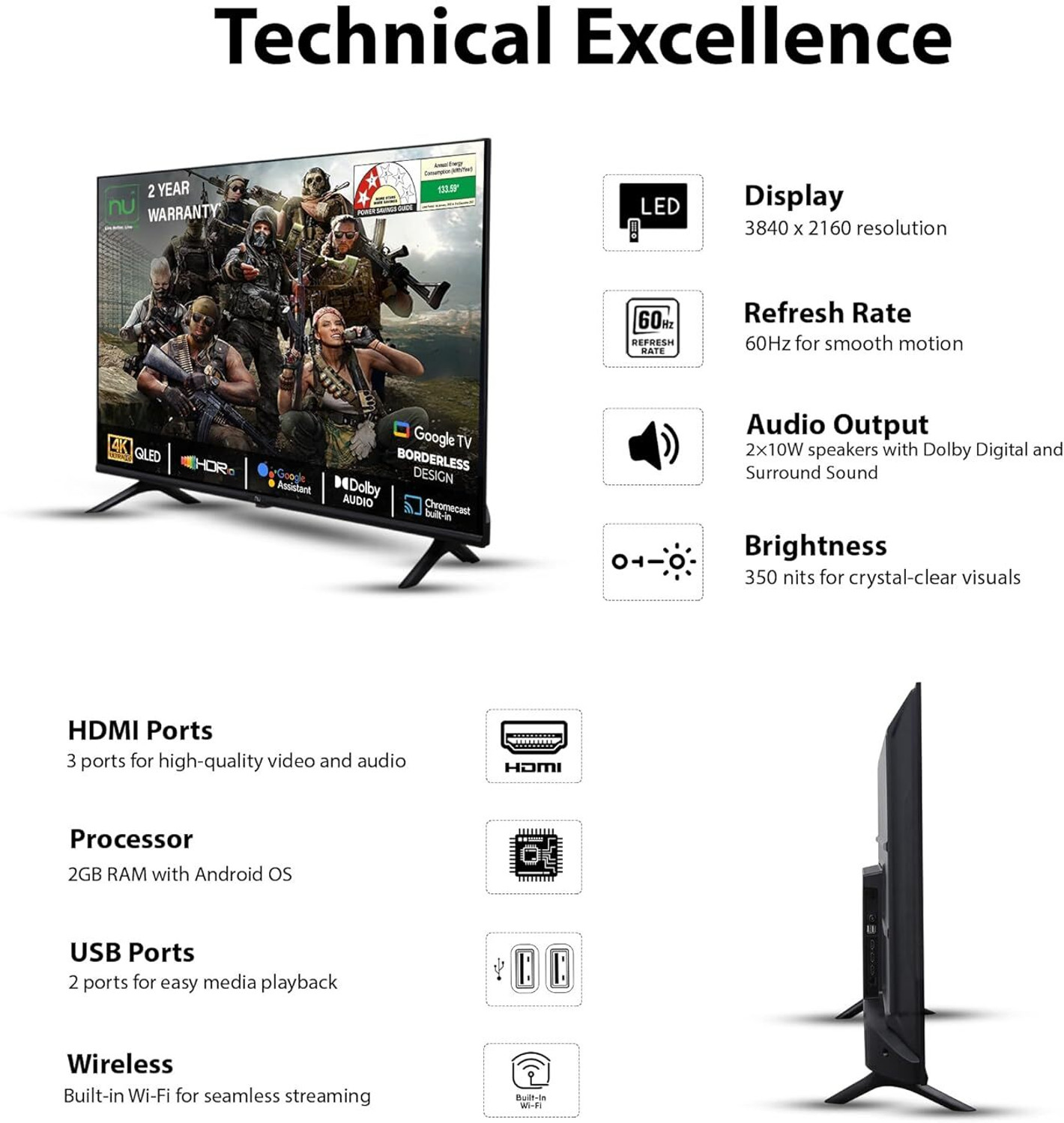 Image of NU 109.2 cm (43 inch) QLED Ultra HD (4K) Smart Google TV with Mount