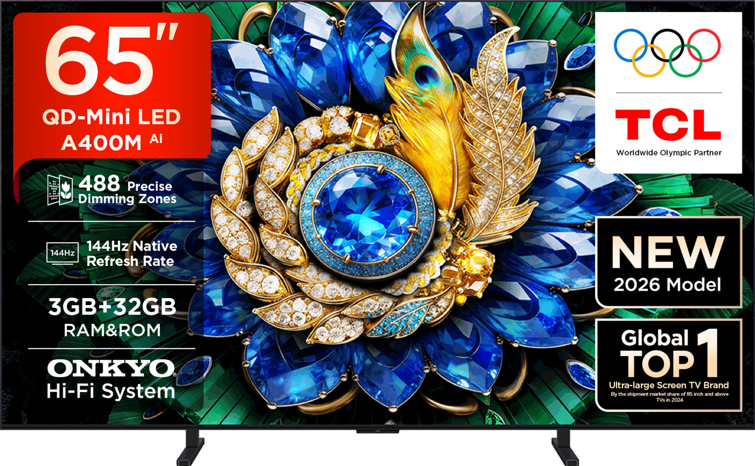 Image of TCL A400M 163.83 cm (65 Inch) Ultra HD (4K) Mini LED Smart Google TV 2026 Edition with ONKYO Hi-Fi System Up to 488 Precise Dimming Zones 288 VRR High HDR Brightness TSR AiPQ Processor AMD Free Sync Premium TCL Ai Ultra-slim Unibody Design