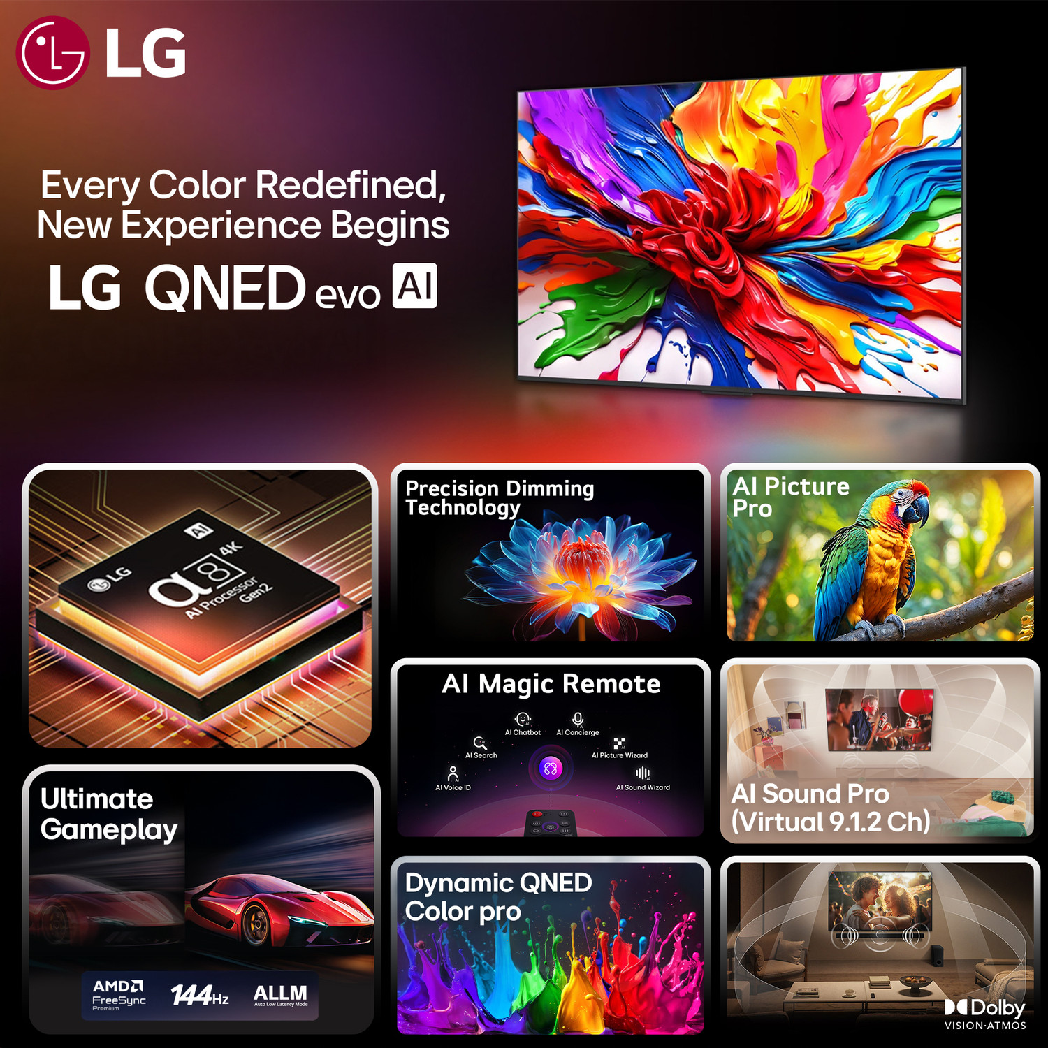 Image of LG AI TV 139.7 cm (55 inch) Ultra HD (4K) QNED Smart WebOS TV with Alpha8 AI Processor 4K Gen2 Dynamic QNED Color Pro 144 Hz VRR AI Picture Pro Dolby Vision New AI Magic Remote AI Search with MS Copilot AI Sound Pro (9.1.2 ch) Dolby Atmos Chromecast Built-in 125+ Free LG Channels