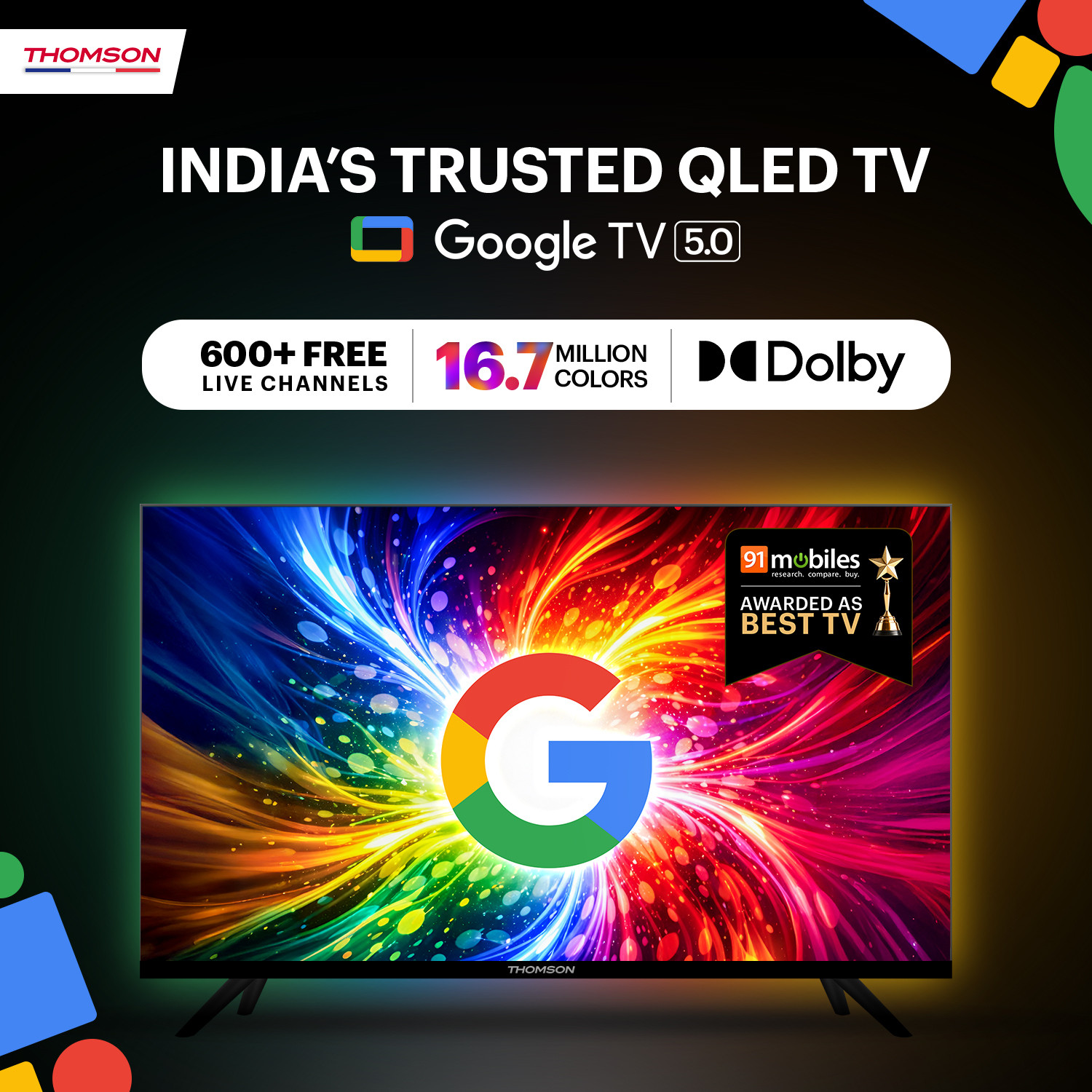 Image of Thomson 100 cm (40 inch) QLED Full HD Smart Google TV 2026 Edition with Google Voice Assistant Remote Control 40 Watt Sound Output Dolby Sound 600+ Free Live Channels Digital Tuner Eye Care Technology 10000+ Apps & Games Bezel Less Design Chromecast