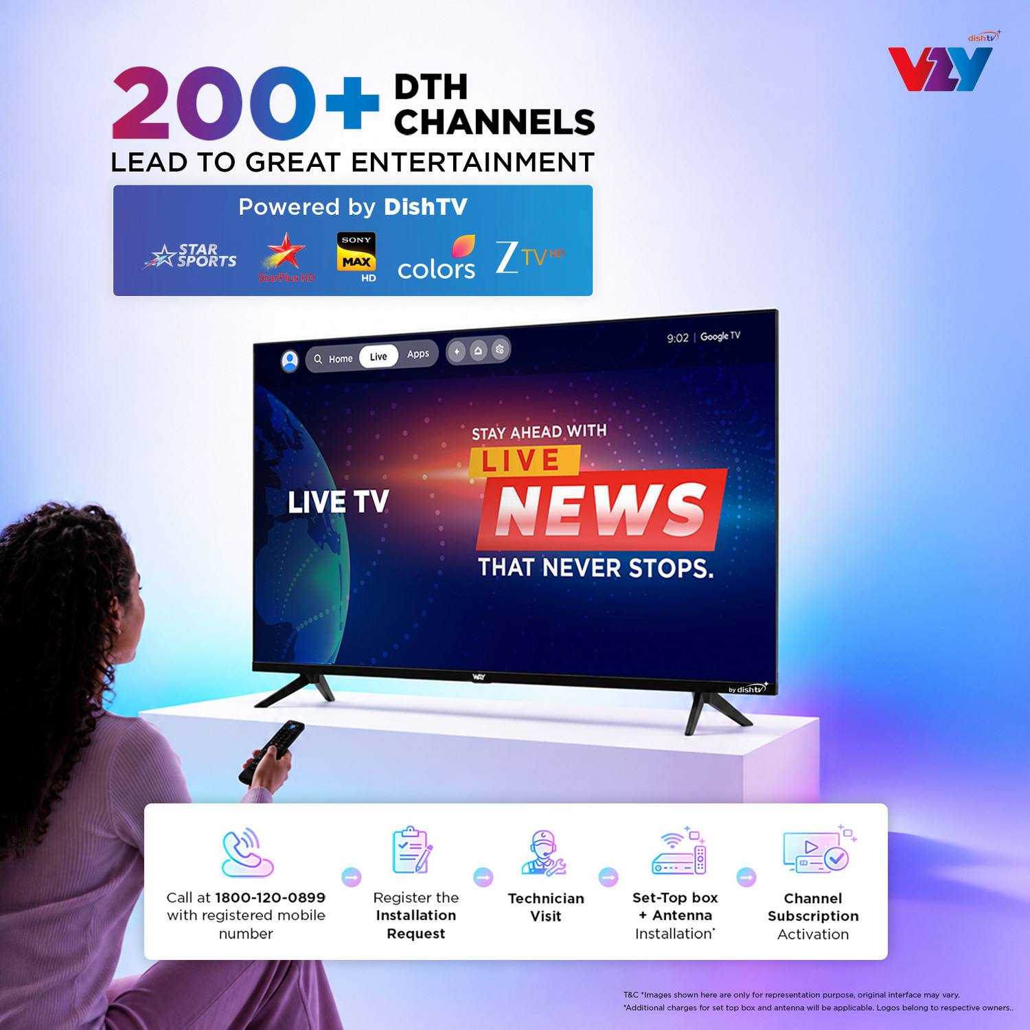 Image of VZY by DishTV A-Series 109 cm (43 inch) QLED Ultra HD (4K) Smart Google TV with 1-Year Premium Bundled Content (200+DTH Channels & 18+OTTs- Jio Hotstar, Sony Liv, Z5..) 3 Years WarrantyHDR10 ALLM2GB RAM, 16GB Storage30W Speaker Dolby AudioVoice Assistant Remote� Dual Band Wi-Fi Googlecast Built-in