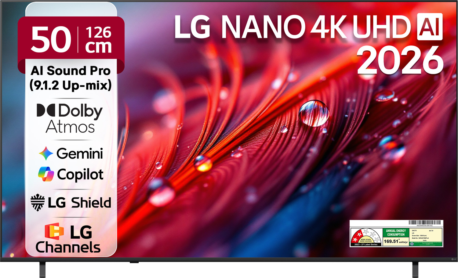 Image of LG 126 cm (50 inch) Ultra HD (4K) LED Smart WebOS TV 2026 Edition with NANO Detail Enhancer, HDR10 Pro, 4K Super Upscaling Alpha7 AI Processor 4K Gen9, Dolby Atmos, AI Sound Pro (9.1.2 ch), Multi AI (Google Gemini & MS Copilot), Linear Flow Design, 60Hz VRR, 5 Years OS upgrade, Secured by LG Shield, LG Channels