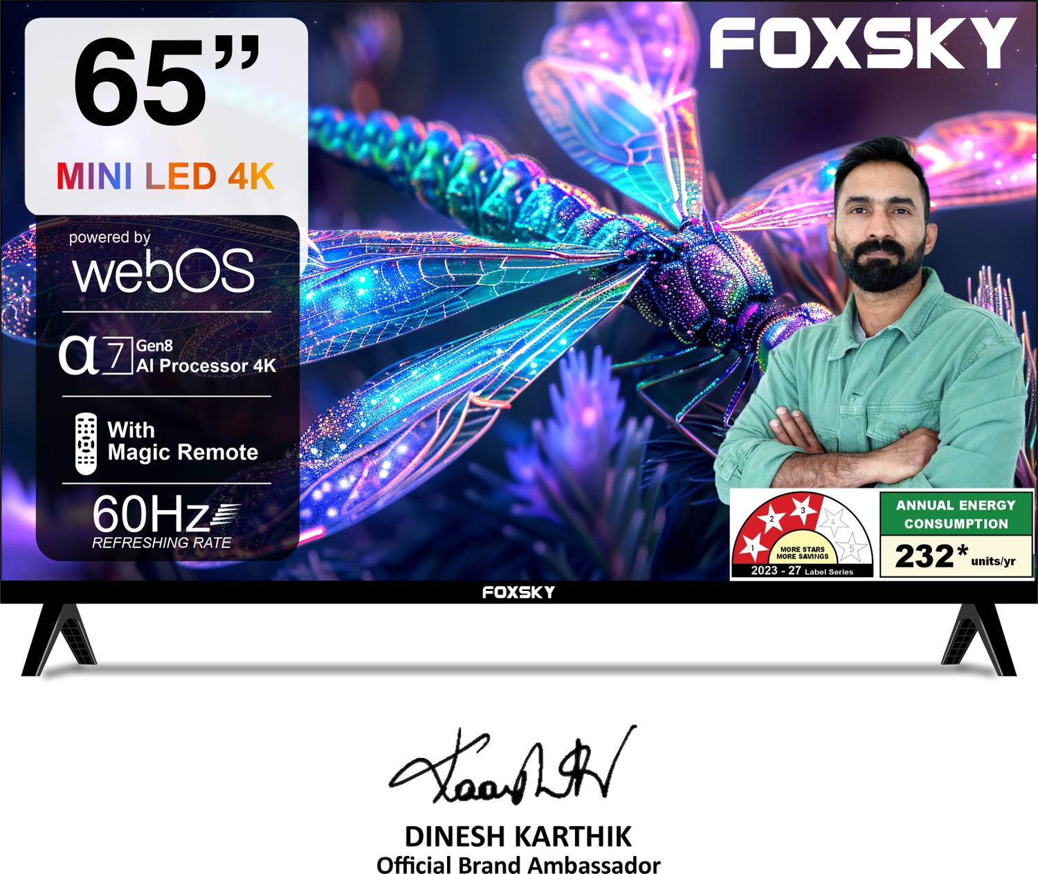 Foxsky 165.1 cm (65 inch) Ultra HD (4K) Mini LED Smart WebOS TV 2026 Edition with 2.1CH Audio System Tuned by 40W, Native 60Hz Refresh Rate