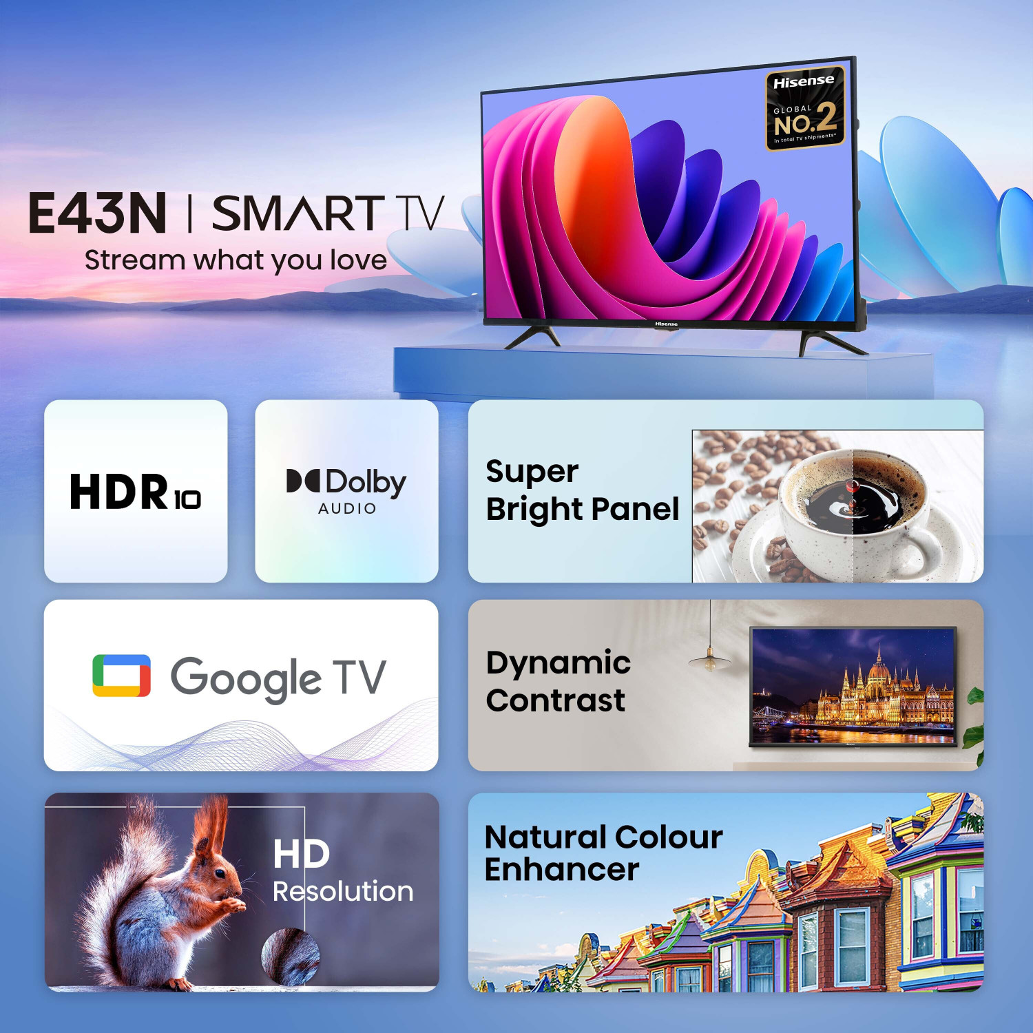 Image of Hisense 80 cm (32 inch) HD Ready LED Smart Google TV with Dolby Audio, 30W Powerful Sound, HDR 10, Super Bright Panel (32E43N)