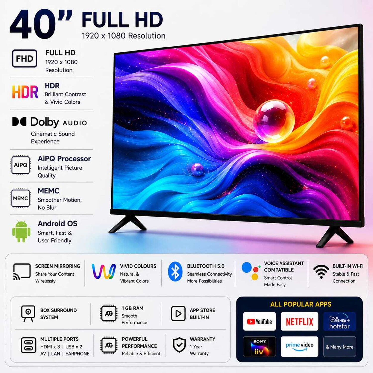 Image of jinis Android Series 101 cm (40 inch) QLED Full HD Smart Android TV 2026 Edition with TV is 24-inch Full HD Android TV with HDR, Dolby Audio and AiPQ Processor.