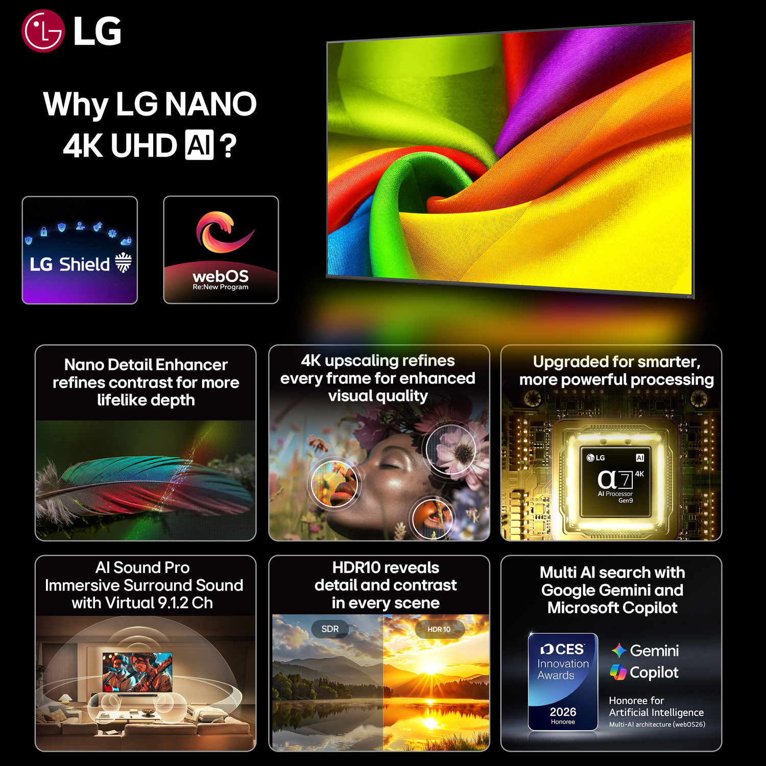 Image of LG AI NANO NU87 126 cm (50 inch) Ultra HD (4K) LED Smart WebOS TV 2026 Edition with NANO Detail Enhancer, HDR10 Pro, 4K Super Upscaling Alpha7 AI Processor 4K Gen9, Dolby Atmos, AI Sound Pro (9.1.2 ch), Multi AI (Google Gemini & MS Copilot), Linear Flow Design, 60Hz VRR, 5 Years OS upgrade, Secured by LG Shield, LG Channels