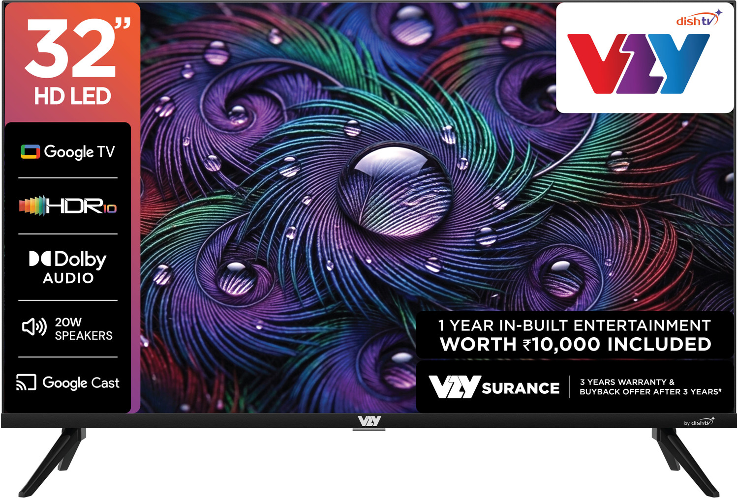 Image of VZY by DishTV A-Series 80 cm (32 inch) HD Ready LED Smart Google TV with 1-Year Premium Bundled Content (200+DTH Channels & 18+OTTs- Jio Hotstar, Sony Liv, Z5..)3 Years Warranty1GB RAM, 8GB StorageALLM20W Speaker Dolby Audio Voice Assistant Remote