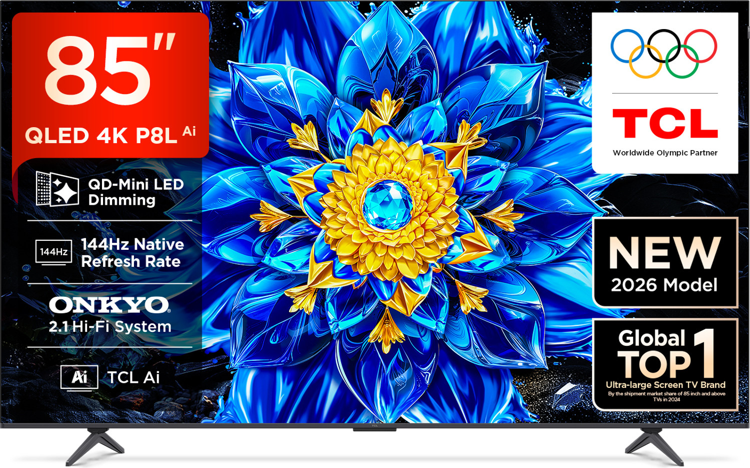 Image of TCL P8L 215 cm (85 inch) QLED Ultra HD (4K) Smart Google TV 2026 Edition with HVA Panel Dolby Vision- Atmos 46W 144 Hz Native Refresh Rate ONKYO 2.1 Subwoofer TCL AI MEMC 120 Hz Airplay 2