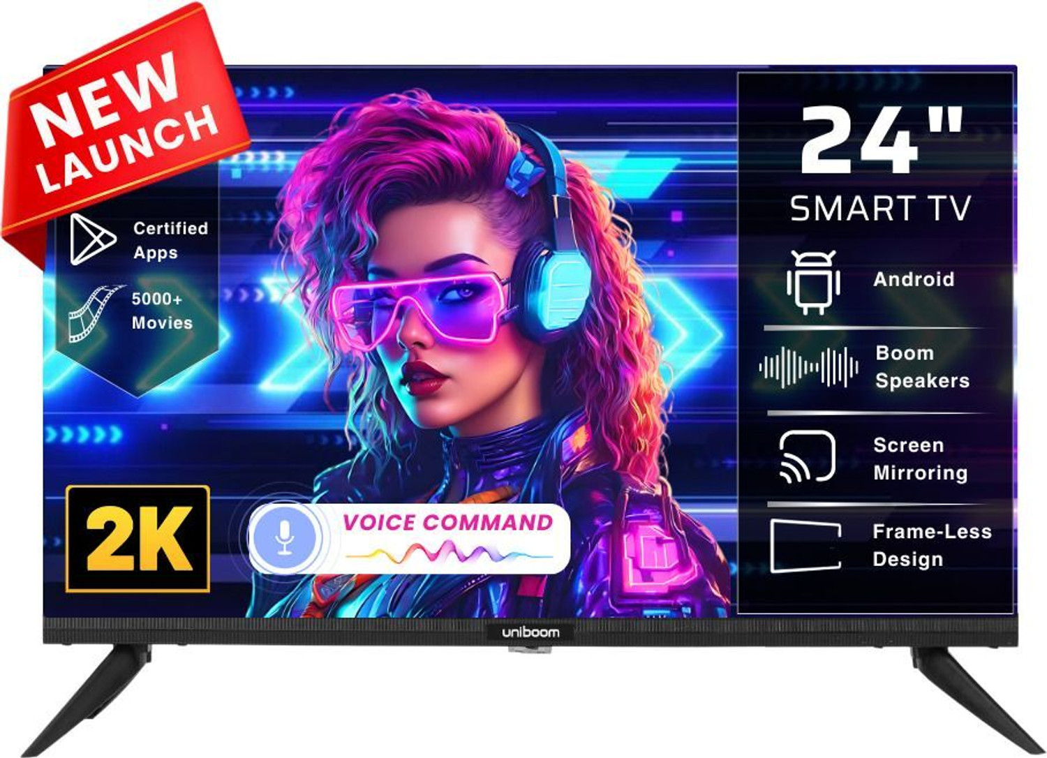 Image of Uniboom 60 cm (24 inch) HD Ready LED Smart Android TV with Voice Control App | 500+ Movies | 1000+ Certified Apps | Profile Mode| Aura Vision | Mobile Cast