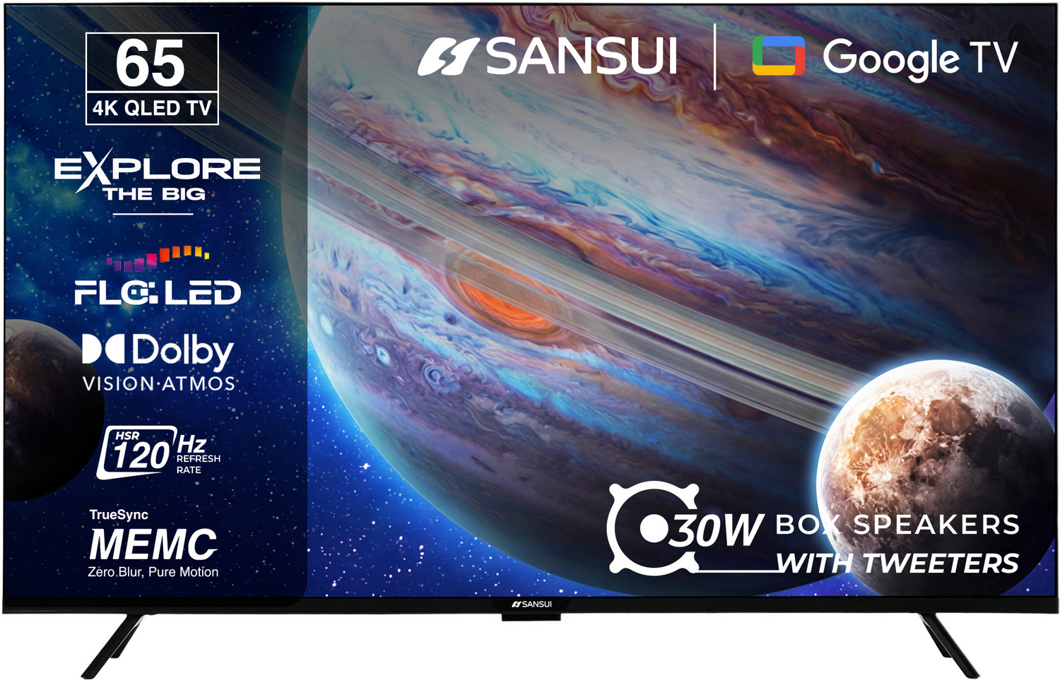 Image of Sansui 165 cm (65 inch) QLED Ultra HD (4K) Smart Google TV with Dolby Vision| HDR10+| Dolby Atmos Sound with Tweeters| HSR 120Hz| MEMC| 30W Surround Sound| FloLED Panel