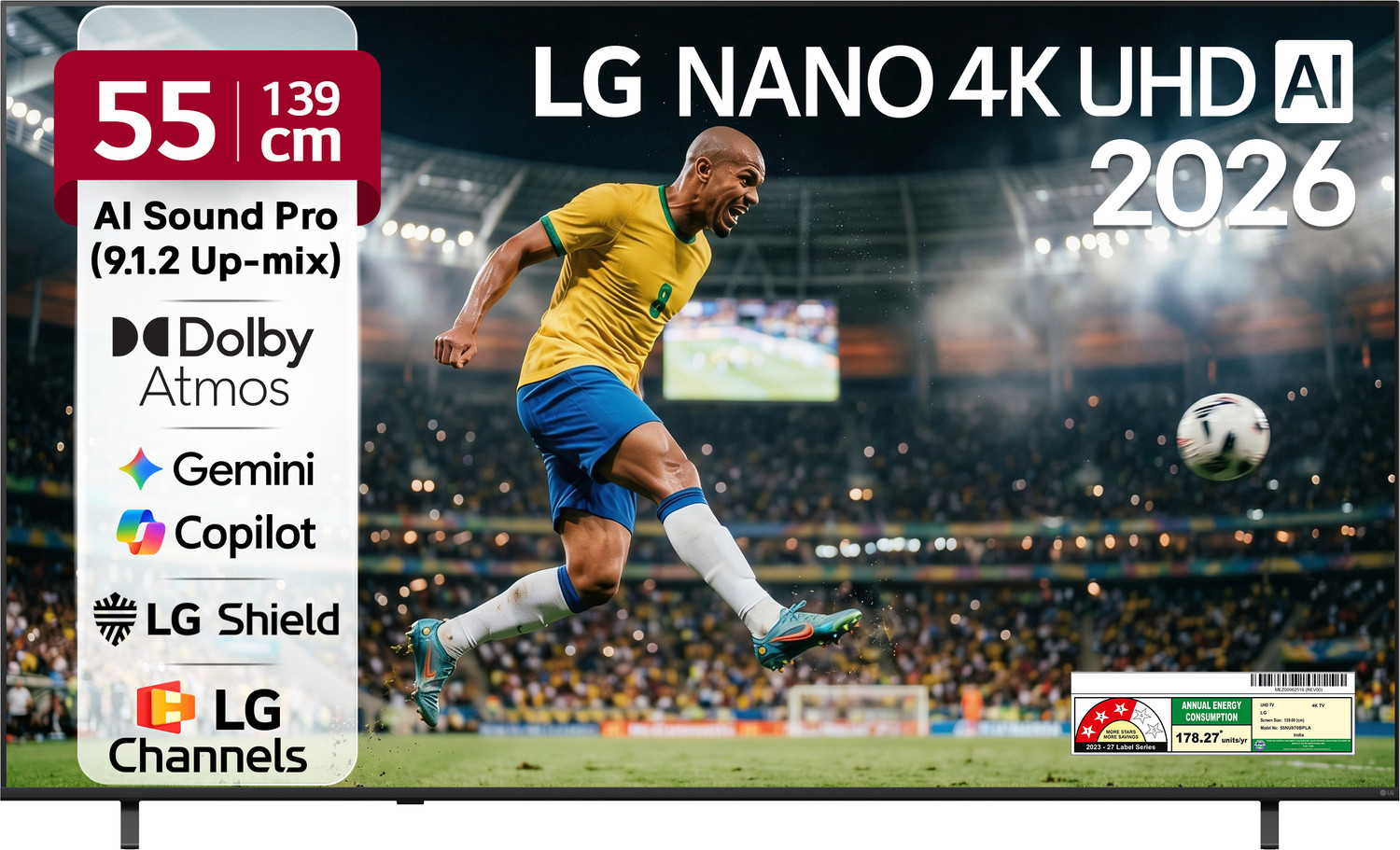 Image of LG 139 cm (55 inch) Ultra HD (4K) LED Smart WebOS TV 2026 Edition with NANO Detail Enhancer, HDR10 Pro, 4K Super Upscaling Alpha7 AI Processor 4K Gen9, Dolby Atmos, AI Sound Pro (9.1.2 ch), Multi AI (Google Gemini & MS Copilot), Linear Flow Design, 60Hz VRR, 5 Years OS upgrade, Secured by LG Shield, LG Channels