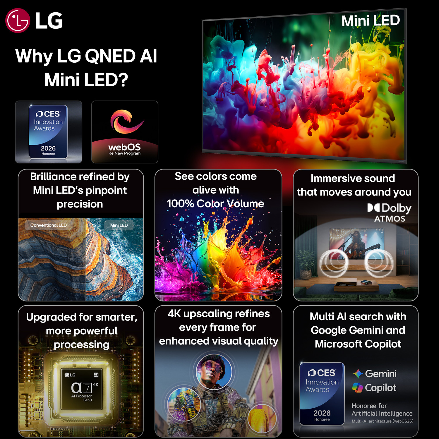 Image of LG AI QNED65 164 cm (65 inch) Ultra HD (4K) Mini LED Smart WebOS TV 2026 Edition with Dynamic QNED Color, Alpha7 AI Processor 4K Gen8, HDR10 Pro, Dolby Atmos, AI Sound Pro (9.1.2 ch), Multi AI (Google Gemini & MS Copilot), Linear Flow Design, 60Hz VRR, 5 Years OS upgrade, Secured by LG Shield, LG Channels