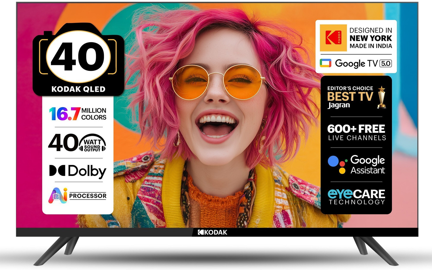 Image of KODAK 100 cm (40 inch) QLED Full HD Smart Google TV 2026 Edition with Google Voice Assistant Remote Control 40 Watt Sound Output Dolby Sound 600+ Free Live Channels Digital Tuner Eye Care Technology 10000+ Apps & Games Bezel Less Design Chromecast