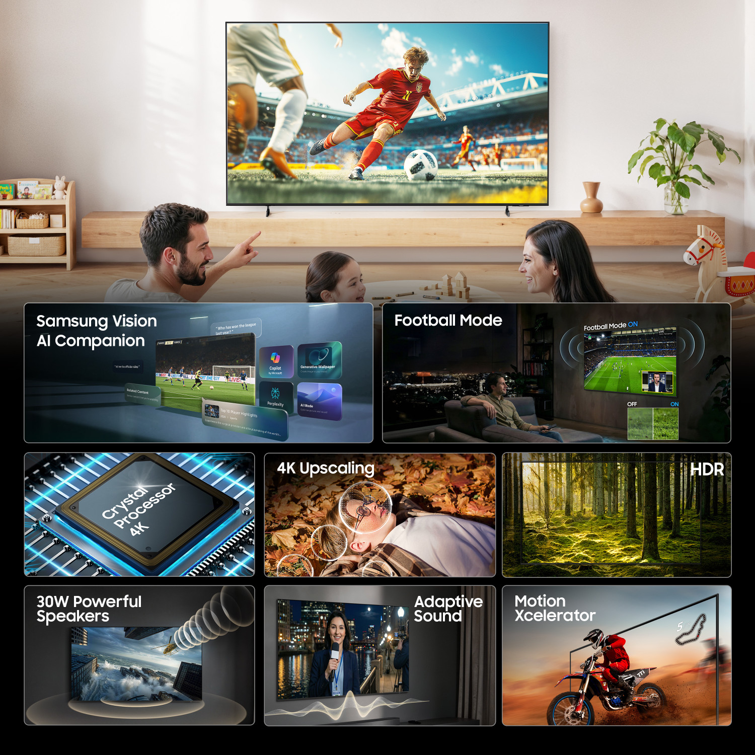 Image of Samsung Crystal 4K Vision AI 163 cm (65 inch) Ultra HD (4K) LED Smart Tizen TV 2026 Edition with 30W Speakers 4K Upscaling HDR 10+ Football Mode Voice Assistance Remote Control PurColor Metal Stream Design Samsung Knox Security 150+ Free Channels