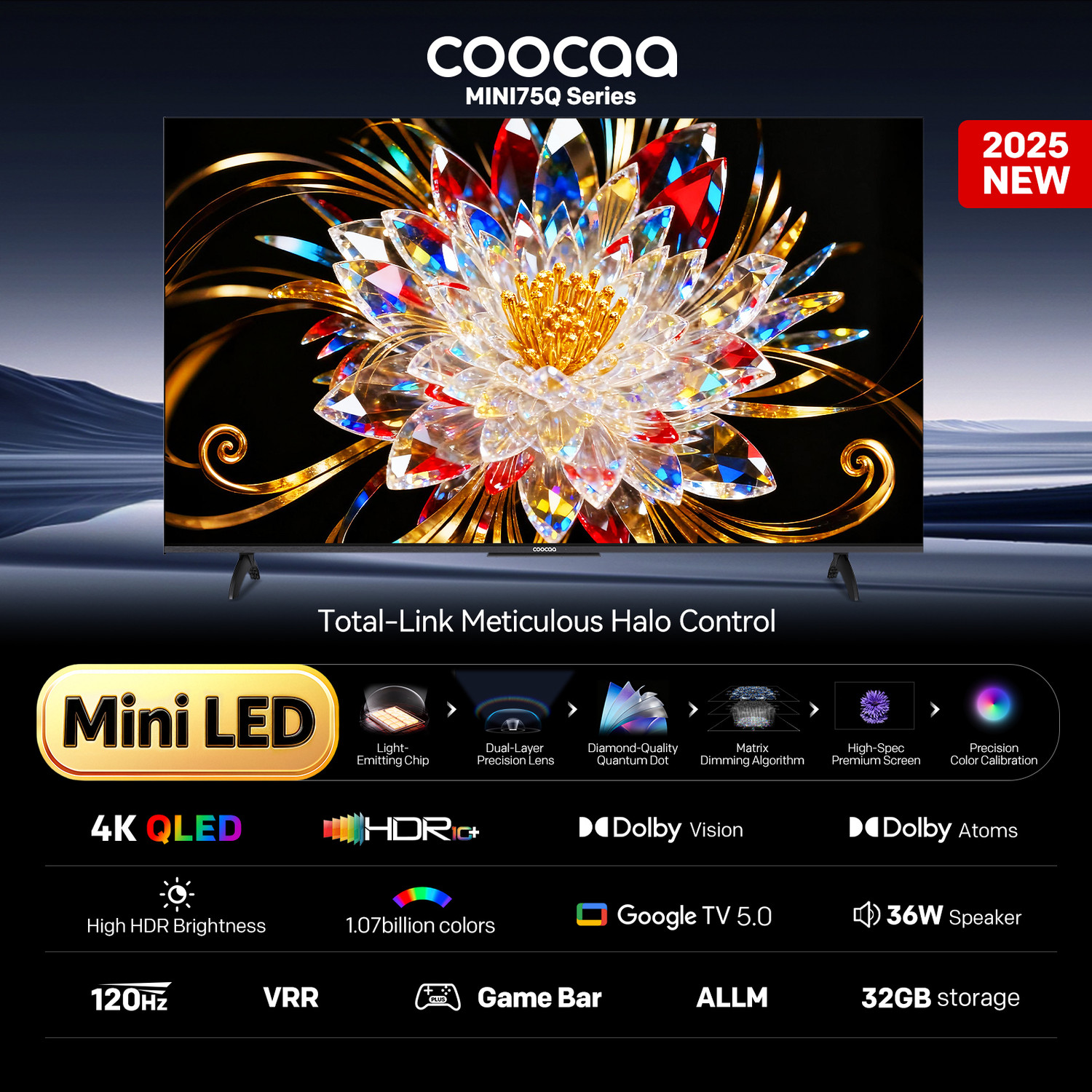 Image of Coocaa 164 cm (65 inch) Ultra HD (4K) Mini LED Smart Google TV 2025 Edition with Local Dimming -2025 Edition | Dolby Vision & Dolby Atmos | HDR 10+ | Filmmaker Mode | 120Hz Game Accelerator | ALLM & MEMC | Wide Colour Gamut | 36W Sound | 32 GB Storage