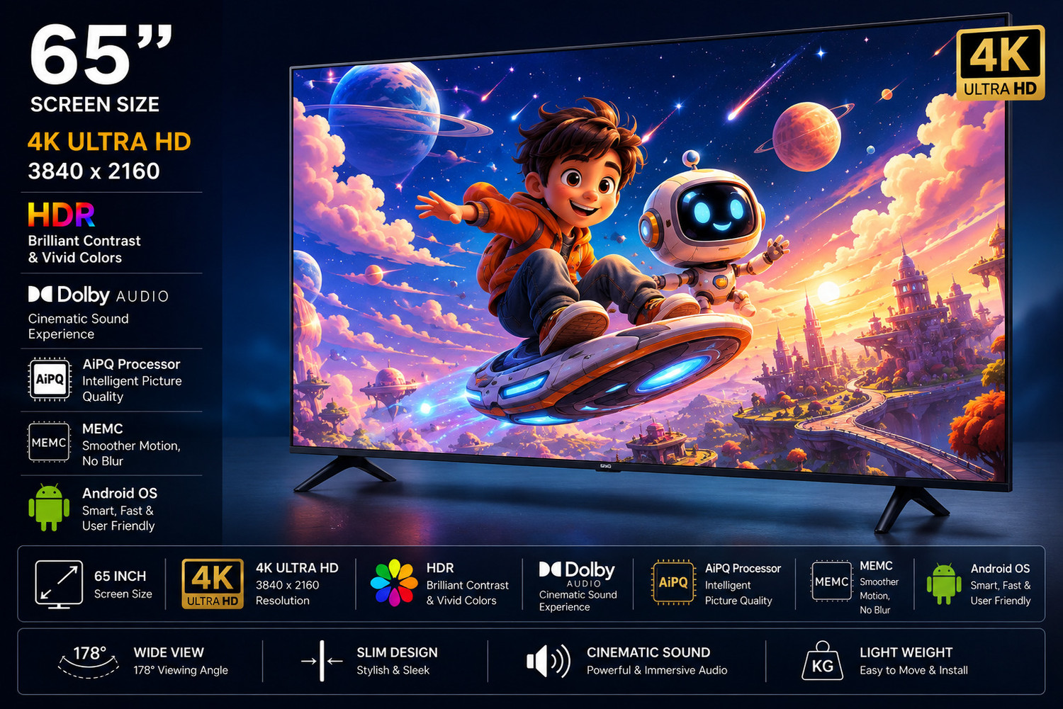 Image of jinis Android Series 165 cm (65 inch) QLED Ultra HD (4K) Smart Android TV 2026 Edition with 4K Ultra HD | HDR | Dolby Audio | AiPQ Processor | MEMC | Android OS