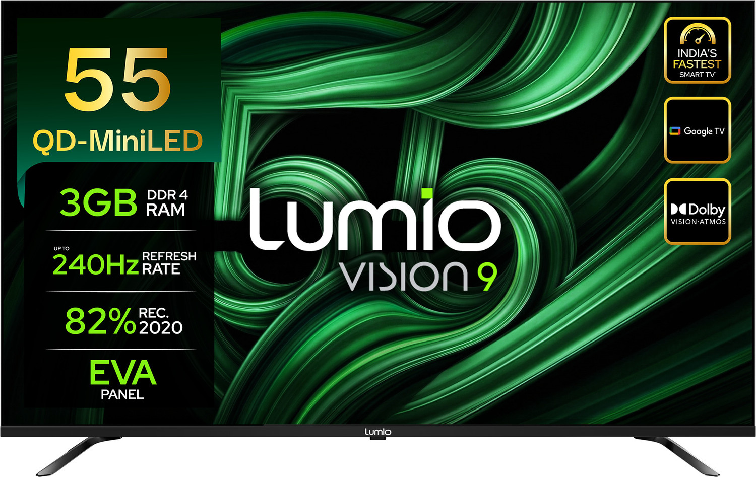 Image of Lumio Vision 9 139 cm (55 inch) Ultra HD (4K) Mini LED Smart Google TV 2026 Edition with 4K 144Hz 1080p 240Hz HDR Dolby Vision + Atmos and 800 Nits Peak Brightness Over 100% Colour India's Fastest Smart TV* with 3GB RAM