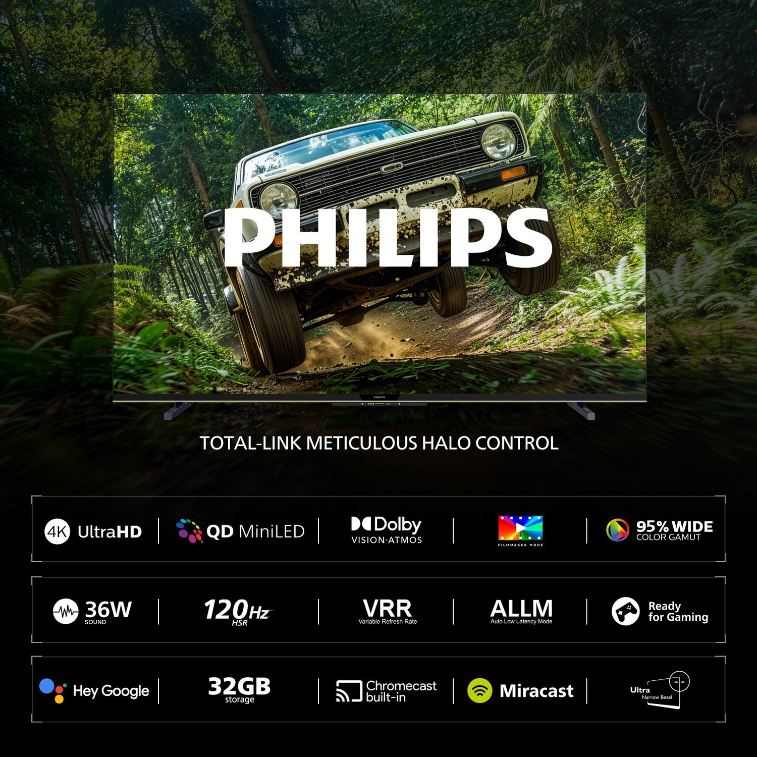 Image of PHILIPS 189 cm (75 inch) Ultra HD (4K) Mini LED Smart Google TV 2026 Edition with Local Dimming Dolby Vision & HDR10+ 36W Dolby Atmos 120Hz Game Accelerator Filmmaker Mode Wider Colour Gamut Ultra Narrow Bezel 2GB RAM + 32 GB Storage
