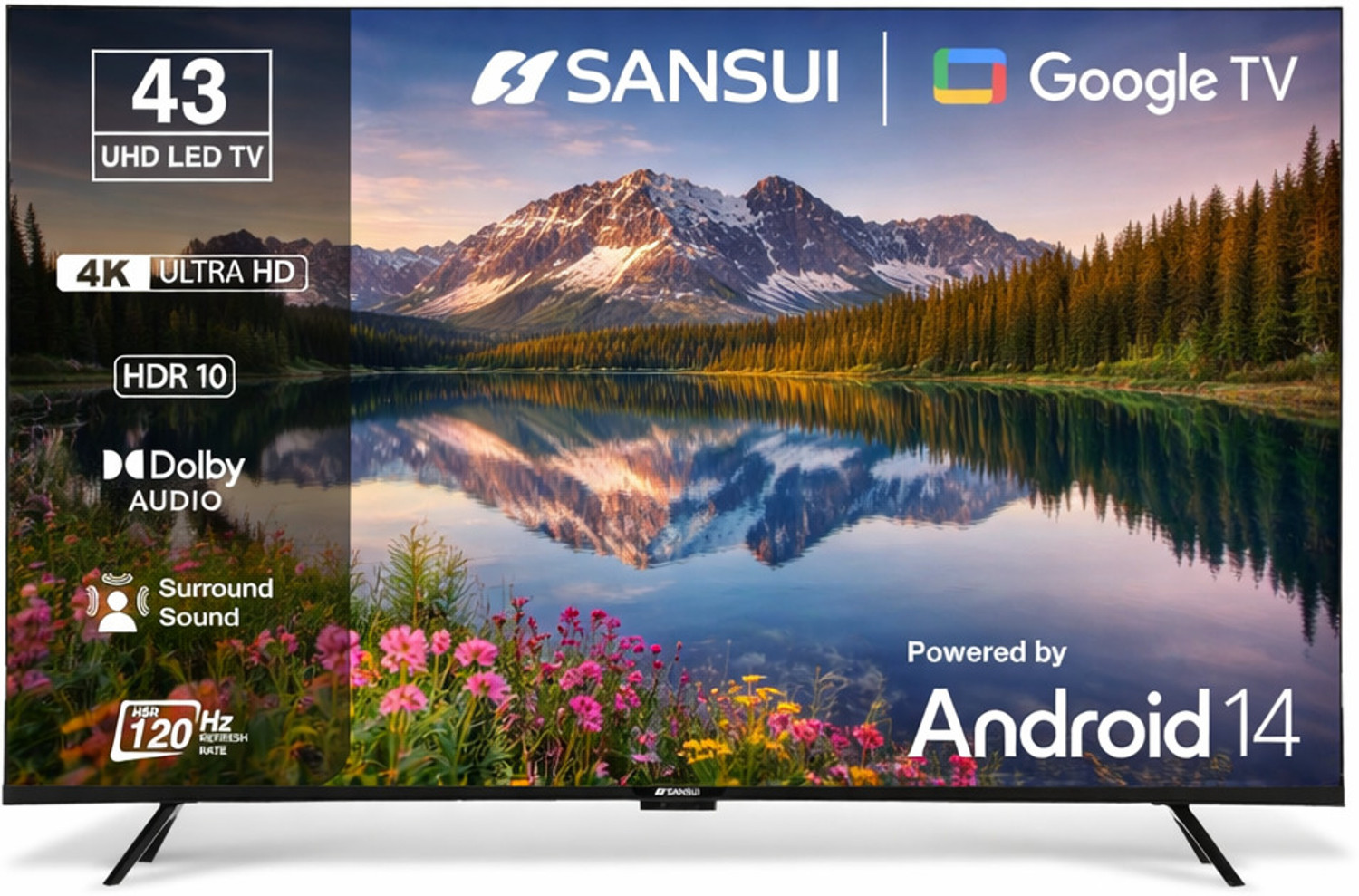 Image of Sansui prime 109 cm (43 inch) Ultra HD (4K) LED Smart Google TV with 5.0 Android 14 Bezel Less Design, HSR 120Hz, HDR10 & HLG LED|2 GB RAM | 32 GB ROM