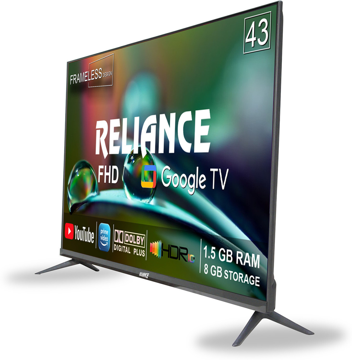 Image of Reliance 109 cm (43 inch) Full HD LED Smart Google TV 2025 Edition with Next Generation Google Smart FHD Led Tv Platform with OTT Apps like Jio Cinema, Netflix, Prime Video, Disney+ Hotstar & More Than 5000 Apps, Frameless Design & Voice Remote with 24 Watts Spearker & 1.5 GB RAM, 8 GB Storage