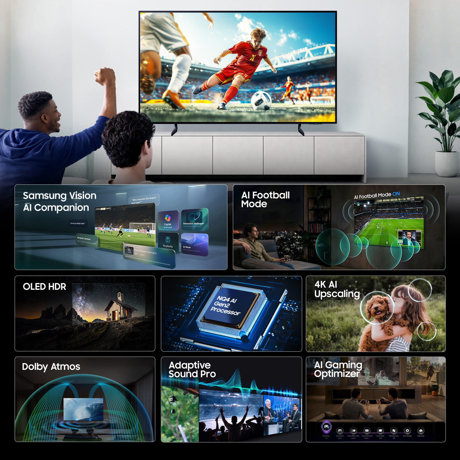 Image of Samsung Vision AI 163 cm (65 inch) OLED Ultra HD (4K) Smart Tizen TV 2026 Edition with 4K AI Upscaling OLED HDR NQ4 AI Gen2 Processor AI Football Mode Multiple Voice Assistance Remote Control Dolby Atmos Samsung Knox Security 150+ Free Channels