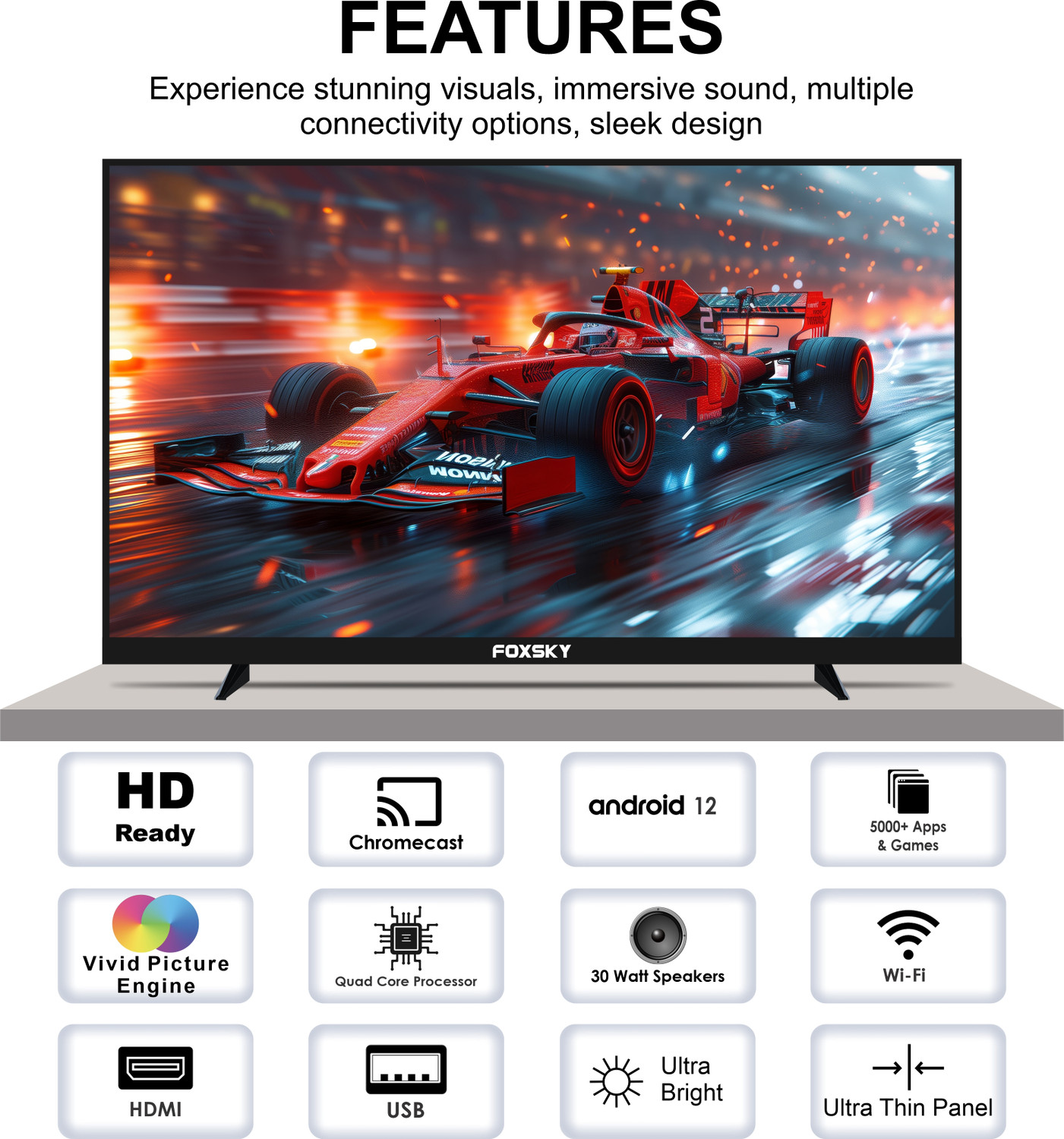 Image of Foxsky 109 cm (43 inch) QLED Full HD Smart Android TV 2026 Edition with 2.1 CH Audio System Tuned by 30W Sun Voice India's Largest Speaker Manufacturer, Native 60Hz Refresh Rate