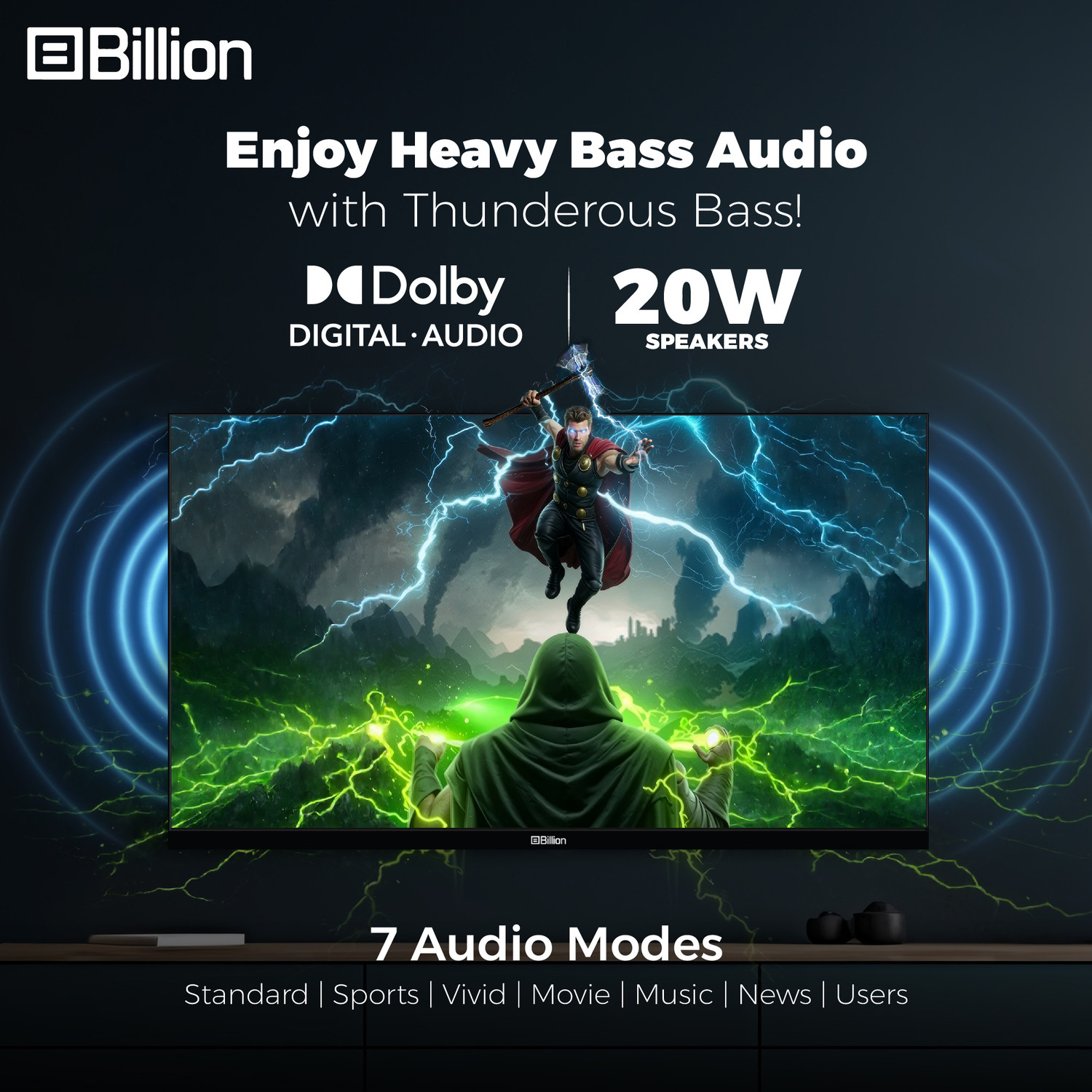 Image of Billion 80 cm (32 inch) HD Ready LED Smart Android TV with Thunder OS, Live TV, Netflix, 100+ Apps, 20W Speakers, 300 Nits Brightness, Bezel-less Design
