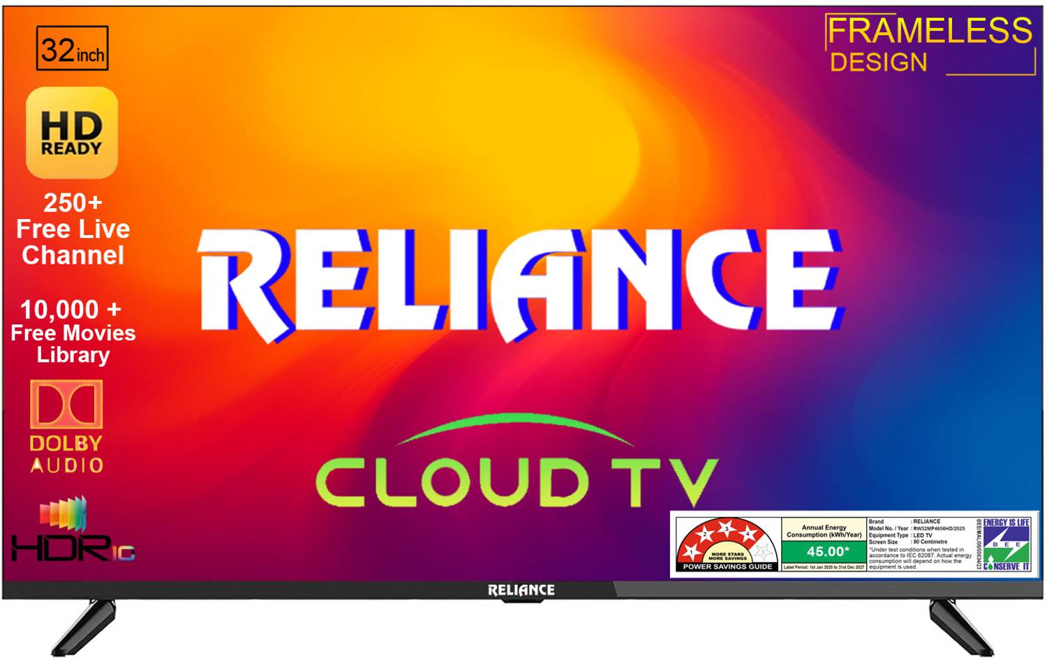 Reliance Cloud OS 80 cm (32 inch) HD Ready LED Smart Android Based TV 2026 Edition with 250+ Live TV Channel Free, 10,000 Free Movie price history chart and lowest price
