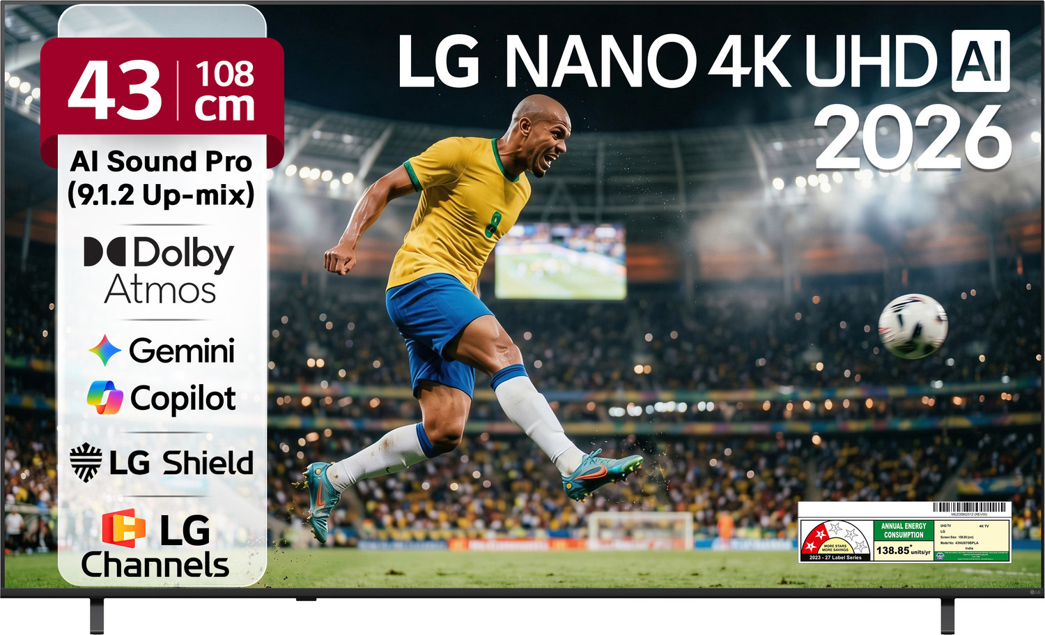 Image of LG 108 cm (43 inch) Ultra HD (4K) LED Smart WebOS TV 2026 Edition with NANO Detail Enhancer, HDR10 Pro, 4K Super Upscaling Alpha7 AI Processor 4K Gen9, Dolby Atmos, AI Sound Pro (9.1.2 ch), Multi AI (Google Gemini & MS Copilot), Linear Flow Design, 60Hz VRR, 5 Years OS upgrade, Secured by LG Shield, LG Channels