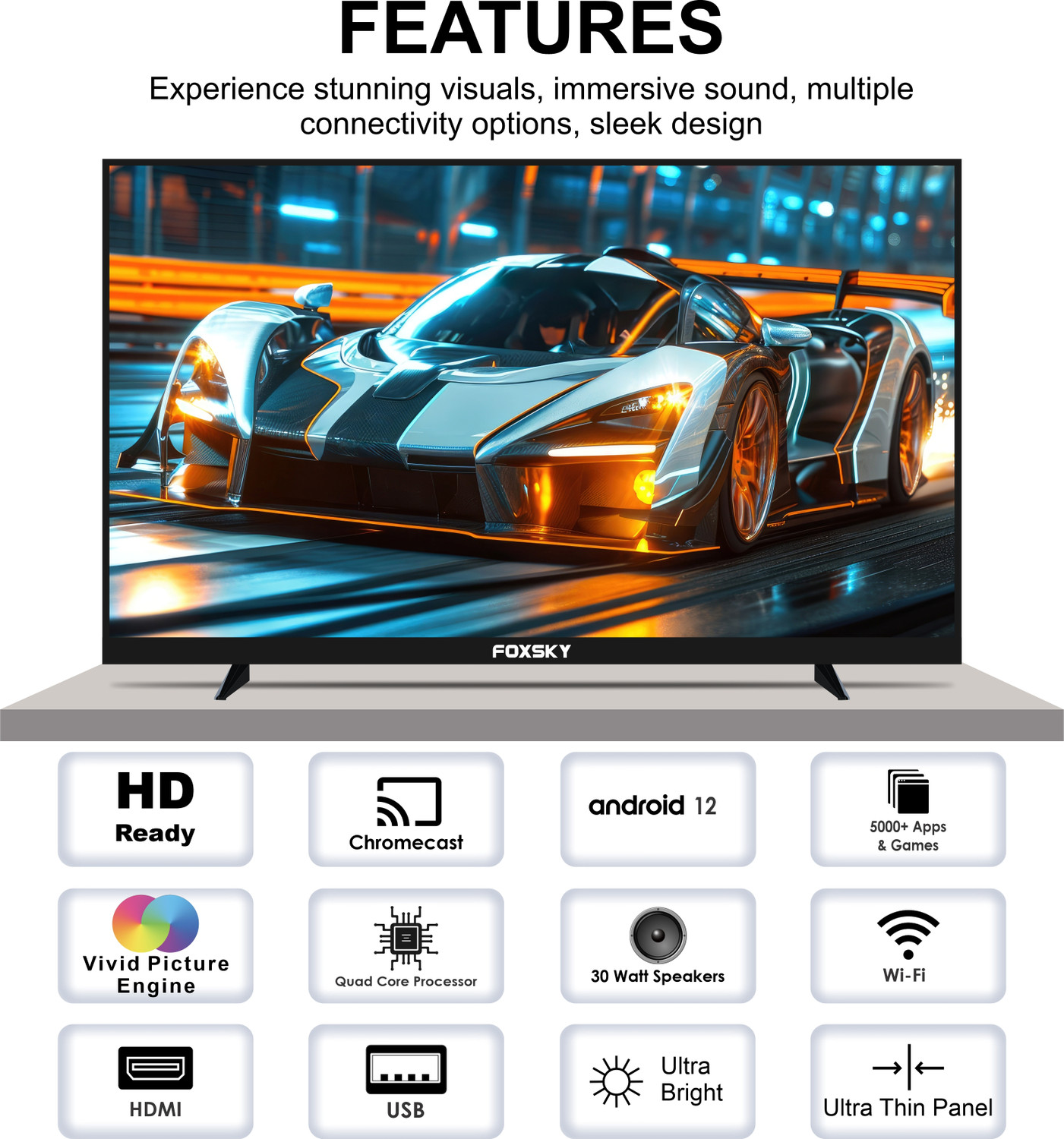 Image of Foxsky 80 cm (32 inch) QLED HD Ready Smart Android TV 2026 Edition with 2.1 CH Audio System Tuned by 30W Sun Voice India's Largest Speaker Manufacturer, Native 60Hz Refresh Rate