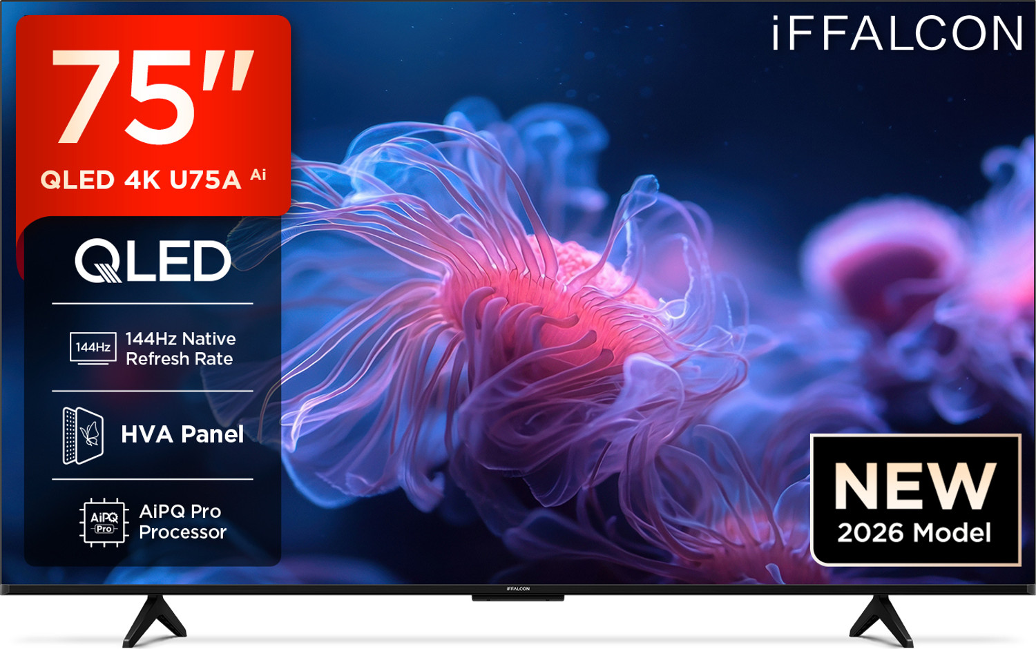 Image of iFFALCON U75A 189 cm (75 inch) QLED Ultra HD (4K) Smart Google TV 2026 Edition with 144Hz Native Refresh Rate, DLG 288Hz AiPQ Pro Processor Dolby Vision- Atmos,DTS Virtual:X MEMC 120 Hz with Premium Gaming Experience