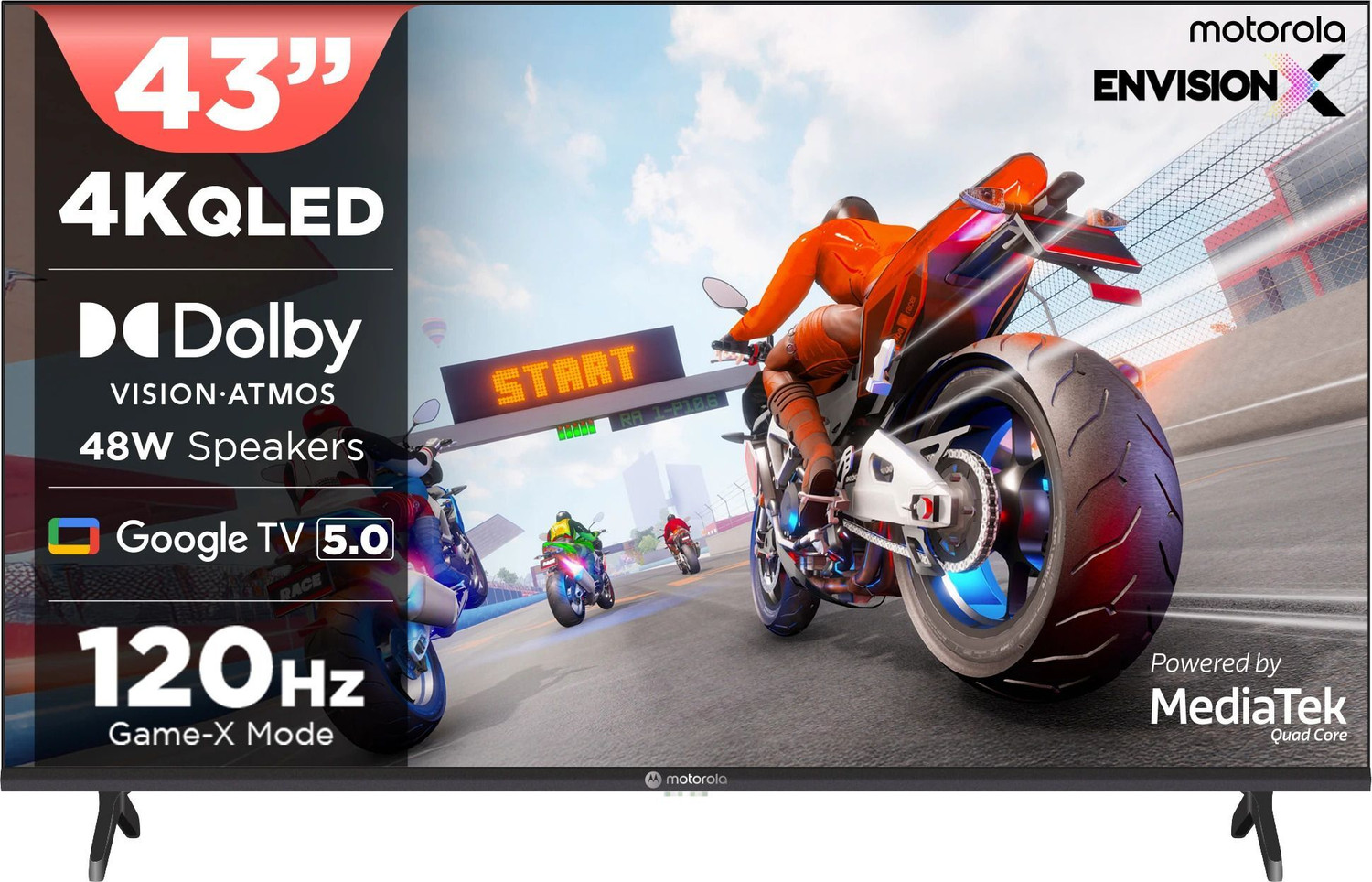 Image of MOTOROLA 109 cm (43 inch) QLED Ultra HD (4K) Smart Google TV with 5.0 with 48 W speaker, 120Hz Game accelerator, and Dolby Atmos