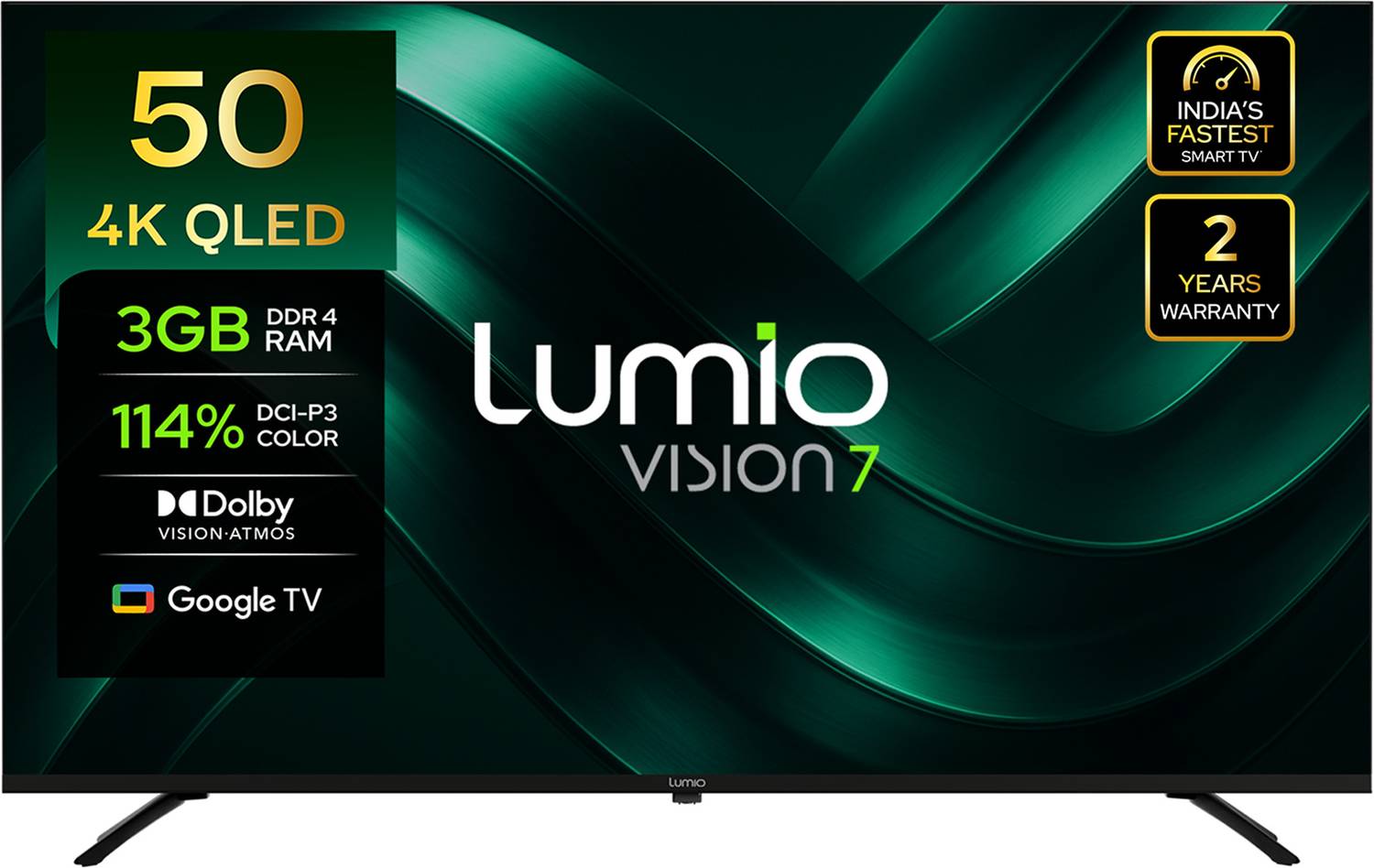 Lumio Vision 7 127 cm (50 inch) QLED Ultra HD (4K) Smart Google TV with 4K HDR Dolby Vision + Atmos Over 100% Colour India’s Fastest Smart TV* with 3GB RAM
