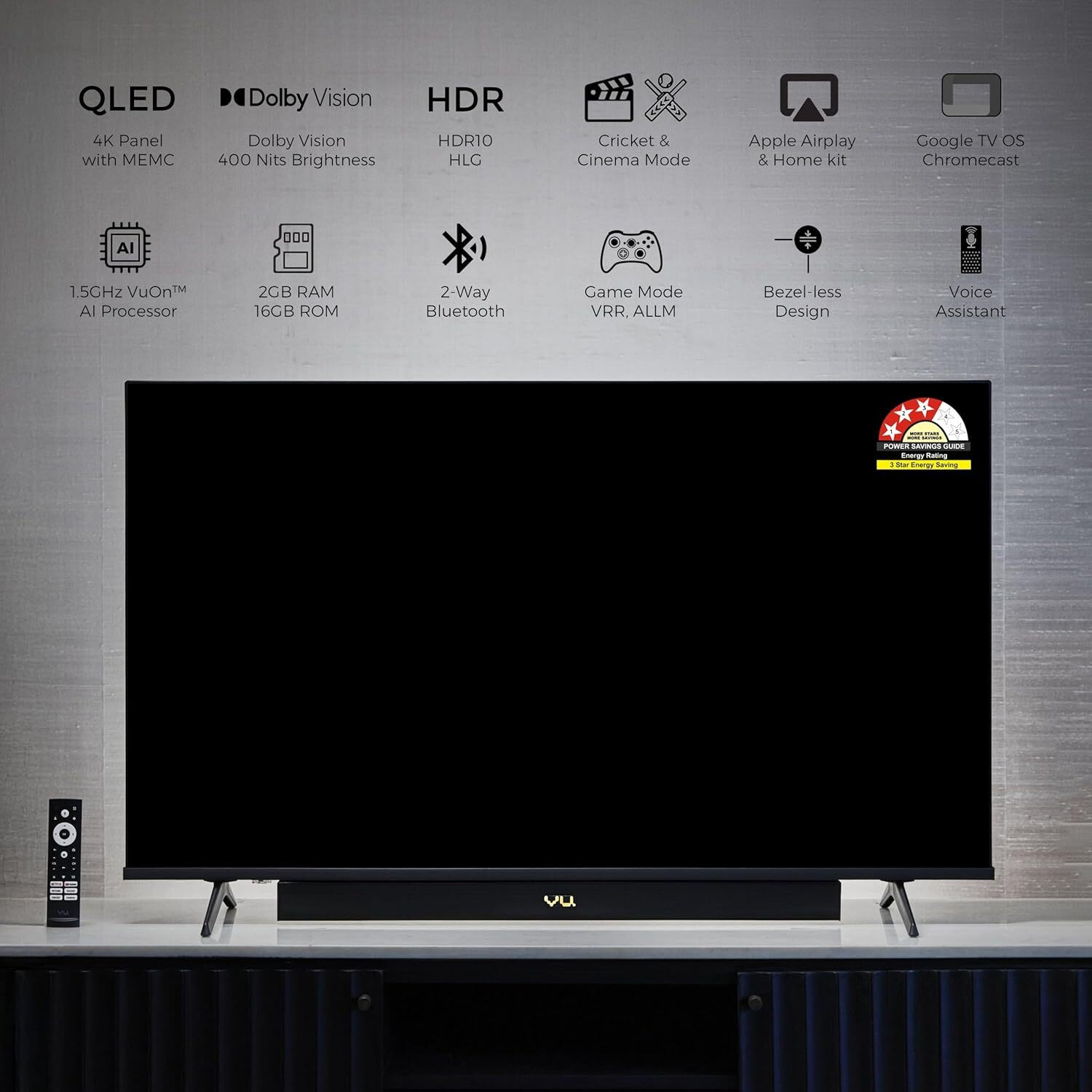 Image of Vu 108 cm (43 inch) QLED Ultra HD (4K) Smart Google TV 2025 Edition with WIFI Remote, Gaming Console, Headphone, Smartphone, Speaker, iPhone