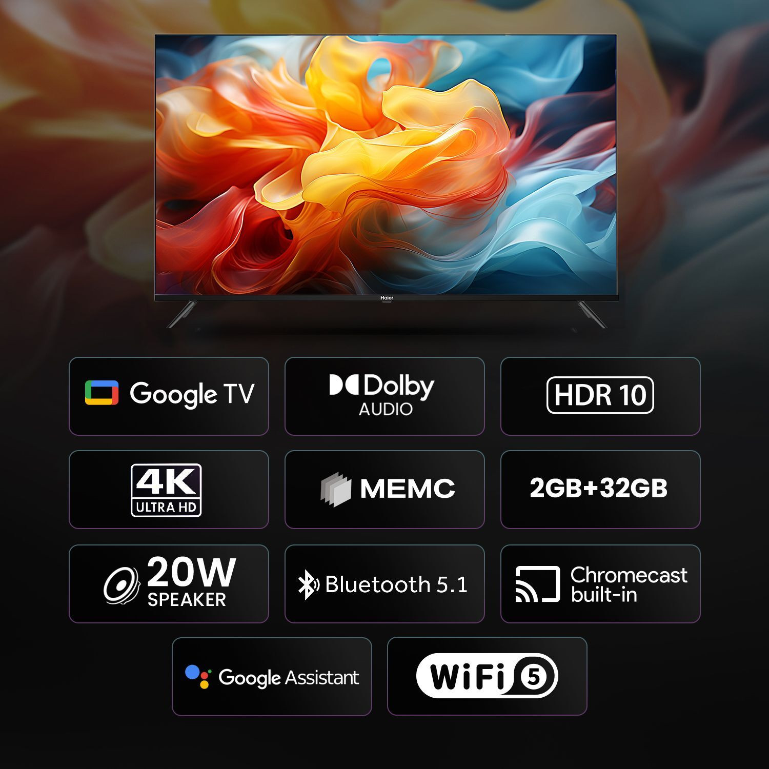 Image of Haier W400UG 109 cm (43 inch) Ultra HD (4K) LED Smart Google TV with Dolby Audio | MEMC