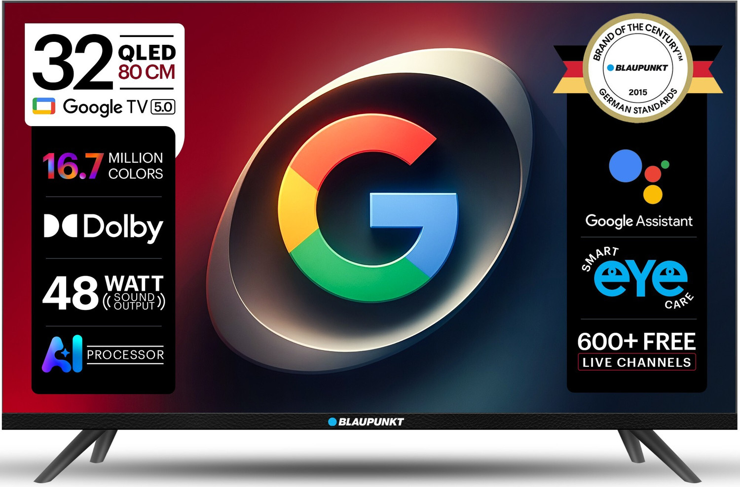 Image of Blaupunkt 80 cm (32 inch) QLED HD Ready Smart Google TV 2026 Edition with Google Voice Assistant Remote Control 48 Watt Sound Output Dolby Sound 600+ Live Channels Digital Tuner Eye Care Technology 10000+ Apps & Games Bezel Less Design Chromecast