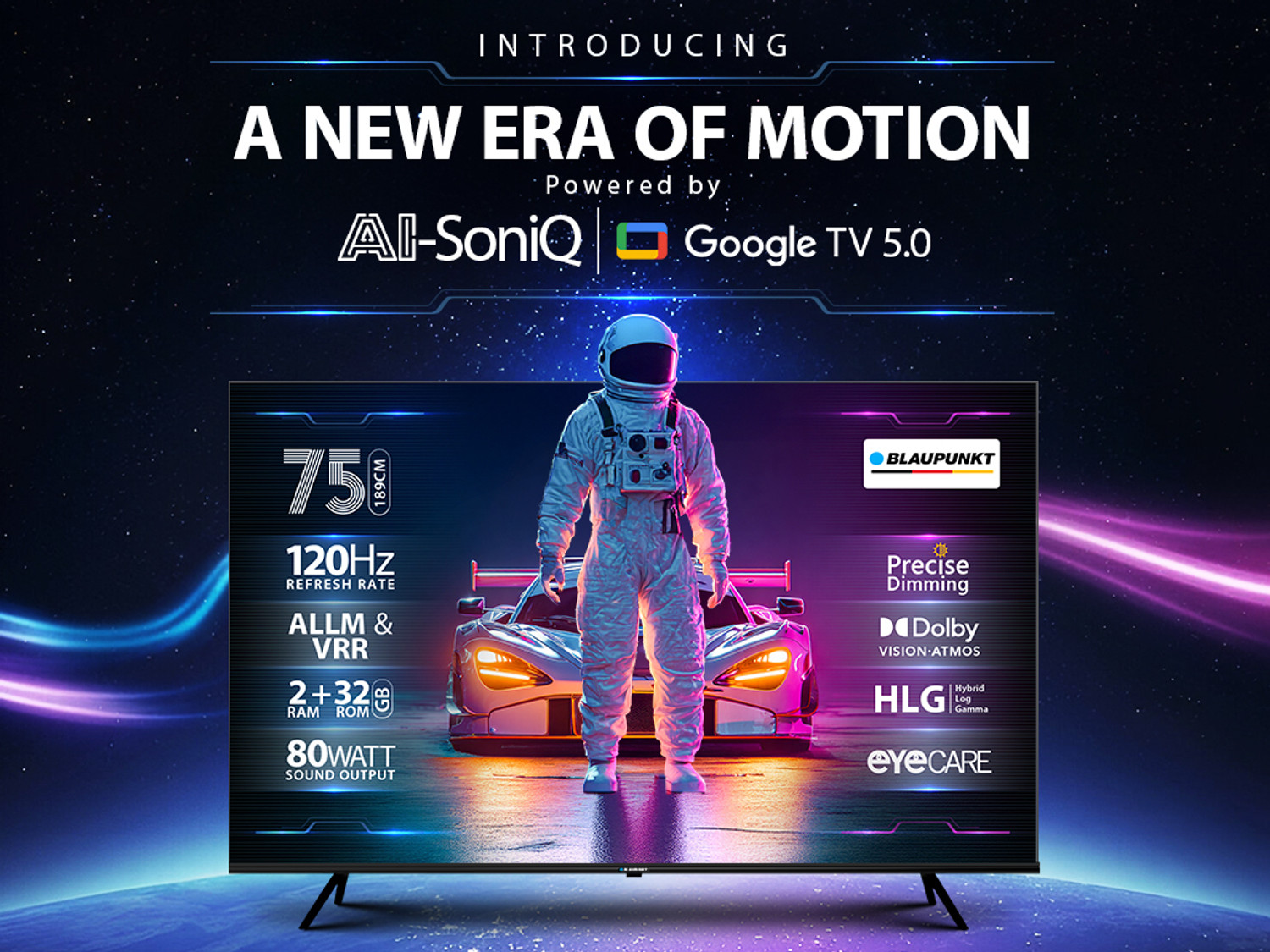 Image of Blaupunkt 189 cm (75 inch) QLED Ultra HD (4K) Smart Google TV with 80W Sound Output | 4 Speaker | 550 Nits Brightness | Precise Dimming | HDR10+ | Dolby Atmos | Dolby Vision | 120 Hz Refresh Rate | HLG | ALLM & VRR | Eyecare | Google Assistant | Bezel Less Design