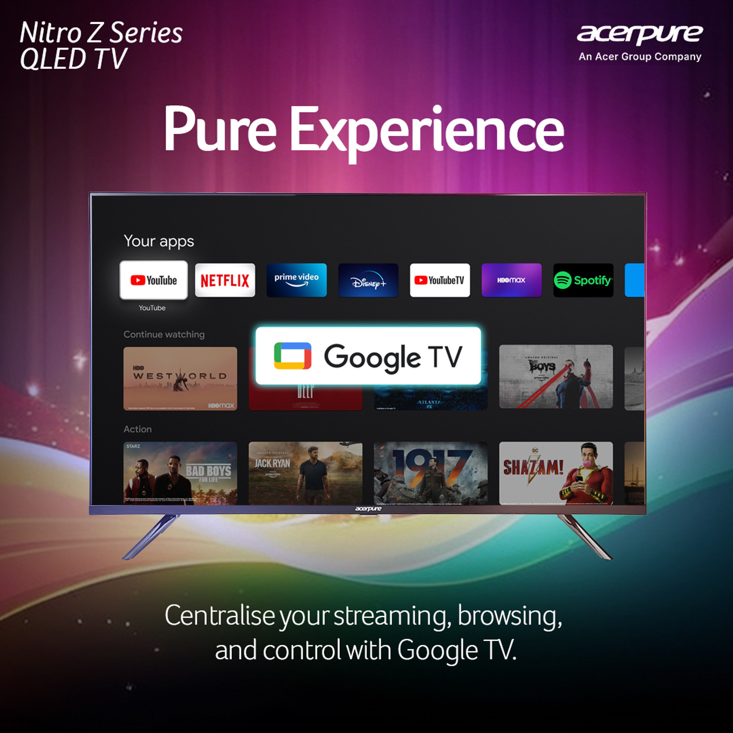 Image of acerpure Nitro Z 108 cm (43 inch) QLED Ultra HD (4K) Smart Google TV with 120 Hz HSR |Android 14 | GTV 5.0 Ref Design ?| Dolby Vision & Dolby Atmos | 40W Sound | HDR10 | 350 Nits | Dual Wi-Fi | Bluetooth 5.0 | Built-in Satellite Tuner | ALLM | VRR | MEMC | CEC 2.0 | AIPQ Chipset | AI Content Generator | 2GB+32GB | Gaming Mode | Wall Mount Included