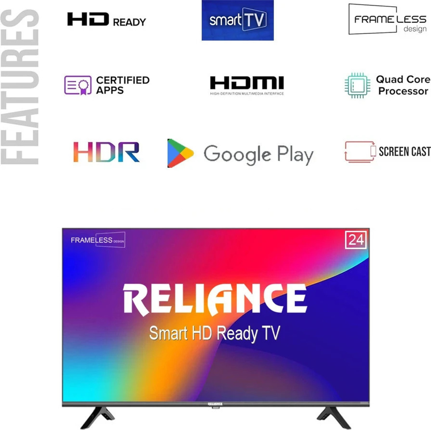Image of Reliance Jumbo 60 cm (24 inch) HD Ready LED Smart Android TV with A+ & Full HD Support Display, Frameless Design and 20 Watts Sound